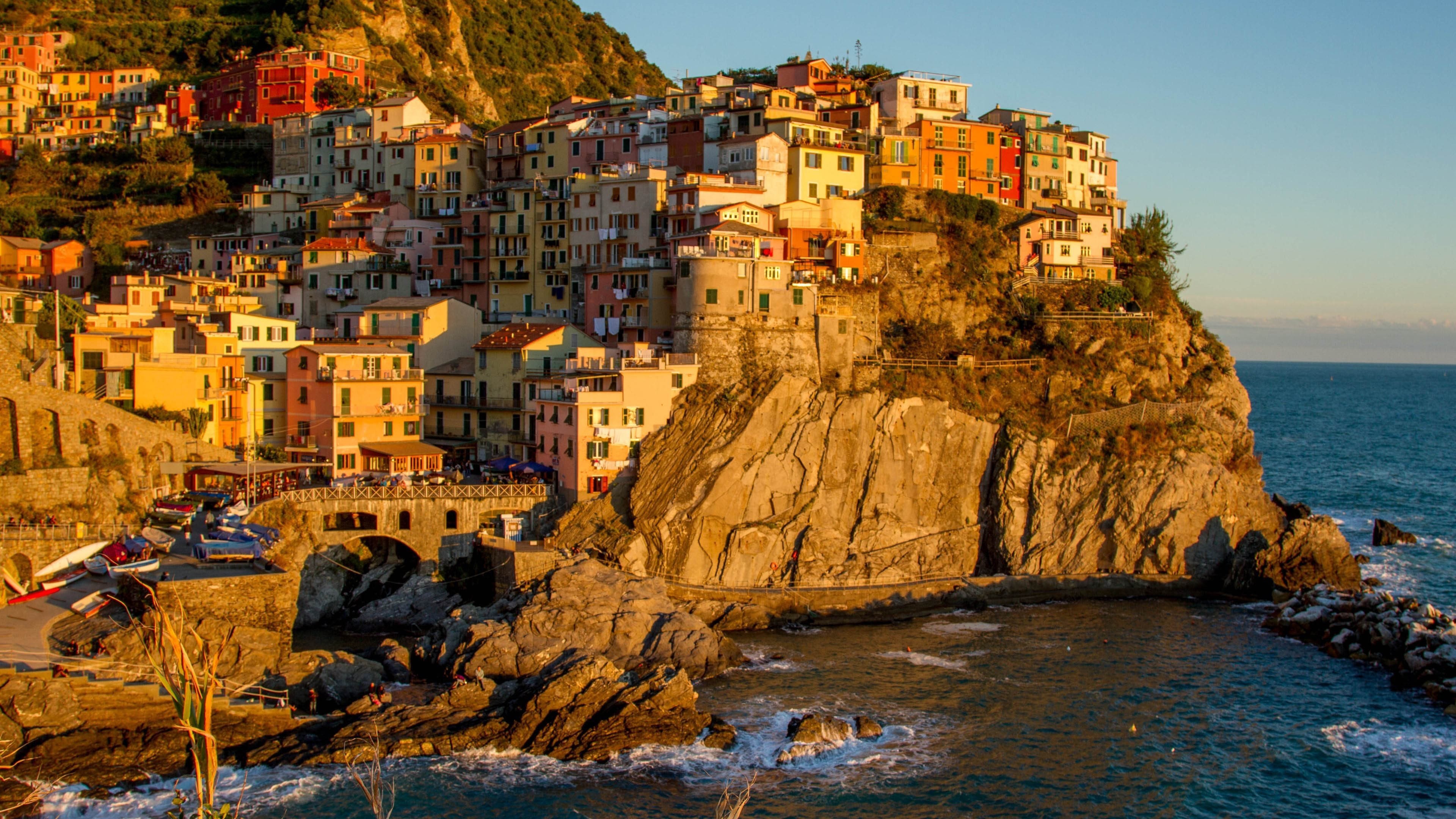 Manarola, Cinque Terre, Liguria, Italia, Scogliera, Tramonto, 4K, wallpaper desktop