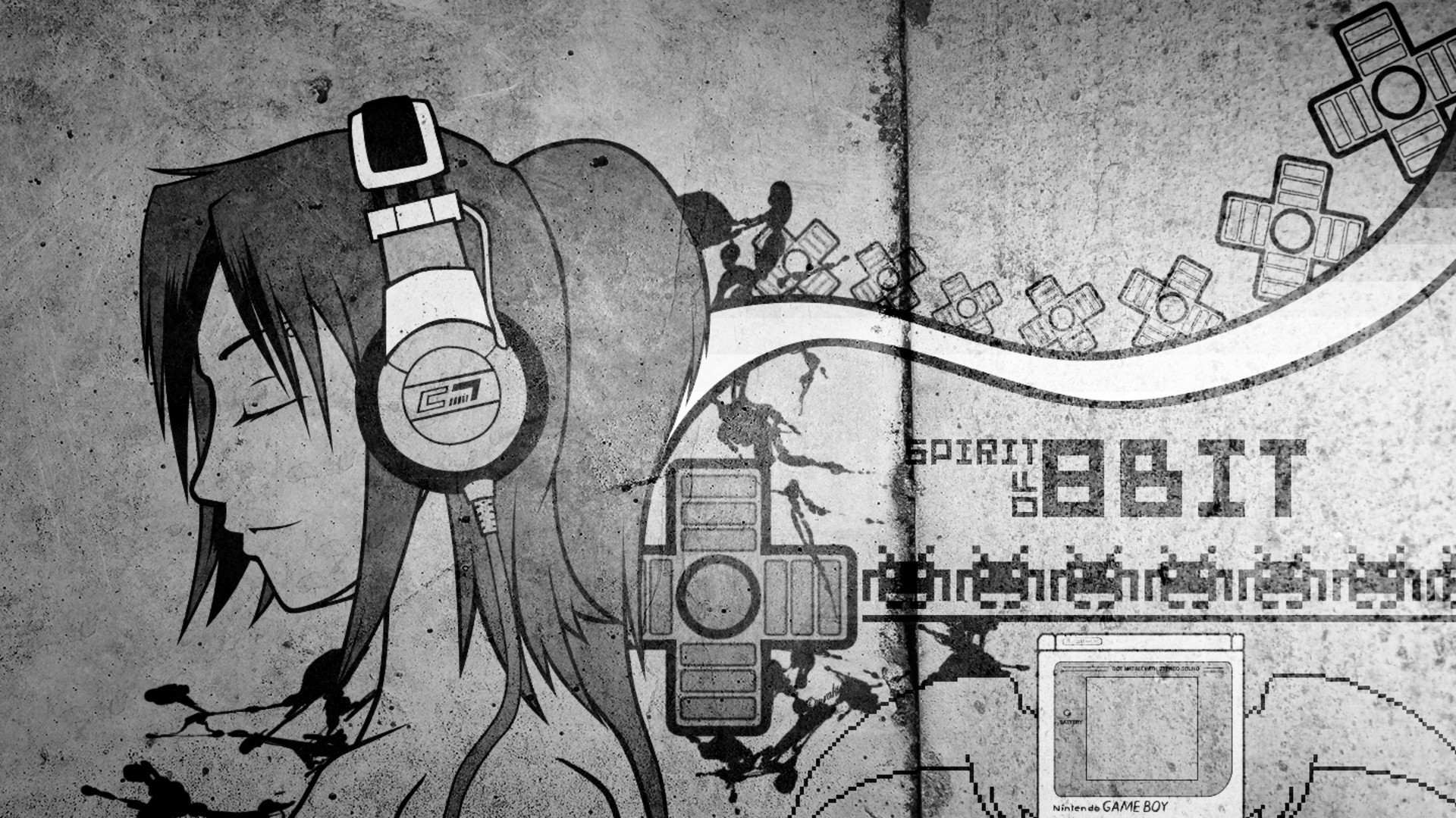 Ragazza con cuffie, Street art, 8 bit, Bianco e nero, Murale, 1920x1080, wallpaper desktop