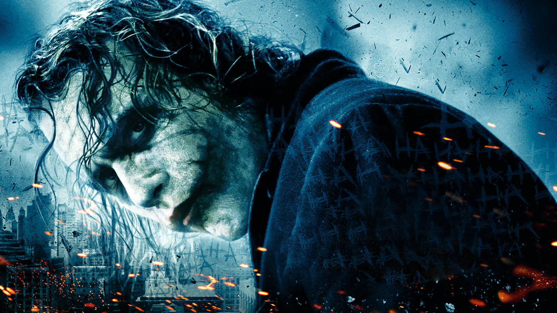 Joker, Heath Ledger, Il cavaliere oscuro, Primo piano, Toni blu, sfondo Full HD per PC