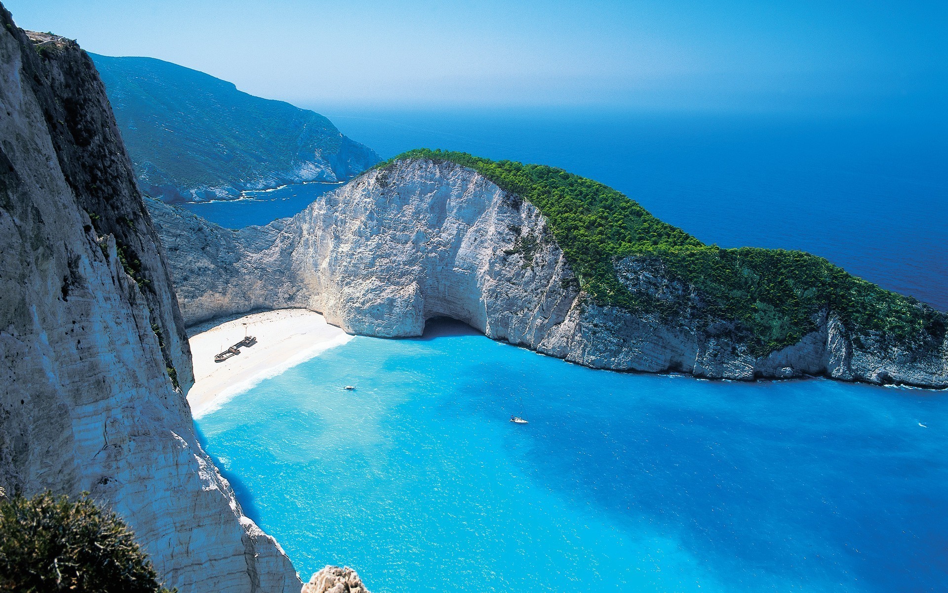 Navagio, Spiaggia del Relitto, Zante, Grecia, Mare turchese, Scogliere, sfondo desktop Full HD