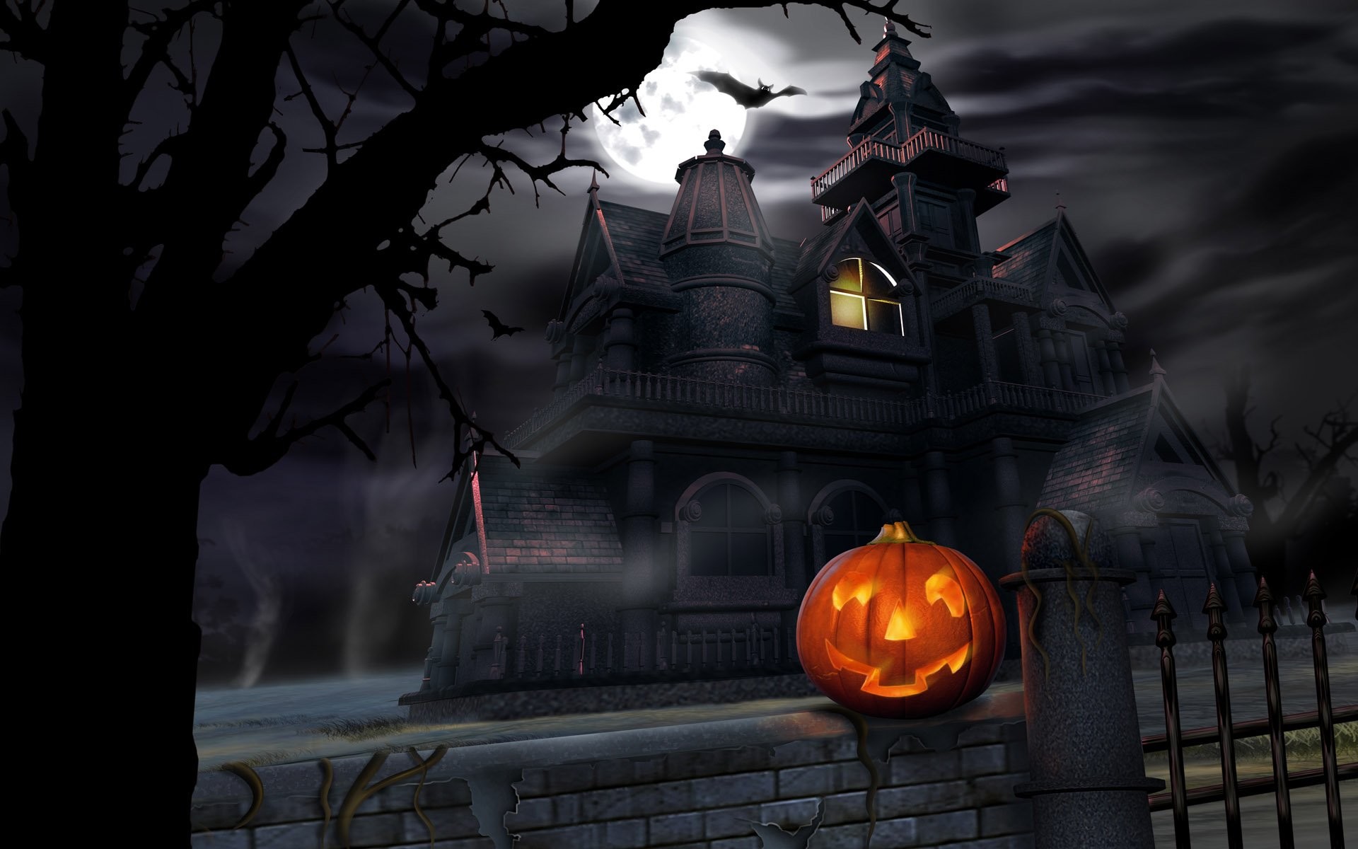 Casa stregata, Zucca, Luna, Notte, Full HD, sfondo per PC e portatile