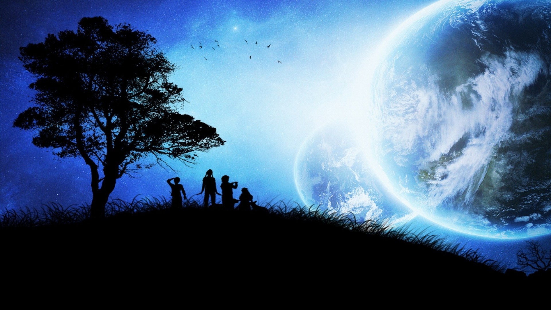 Pianeta, Albero, Silhouette, Persone, Fantasy, Full HD, sfondo desktop