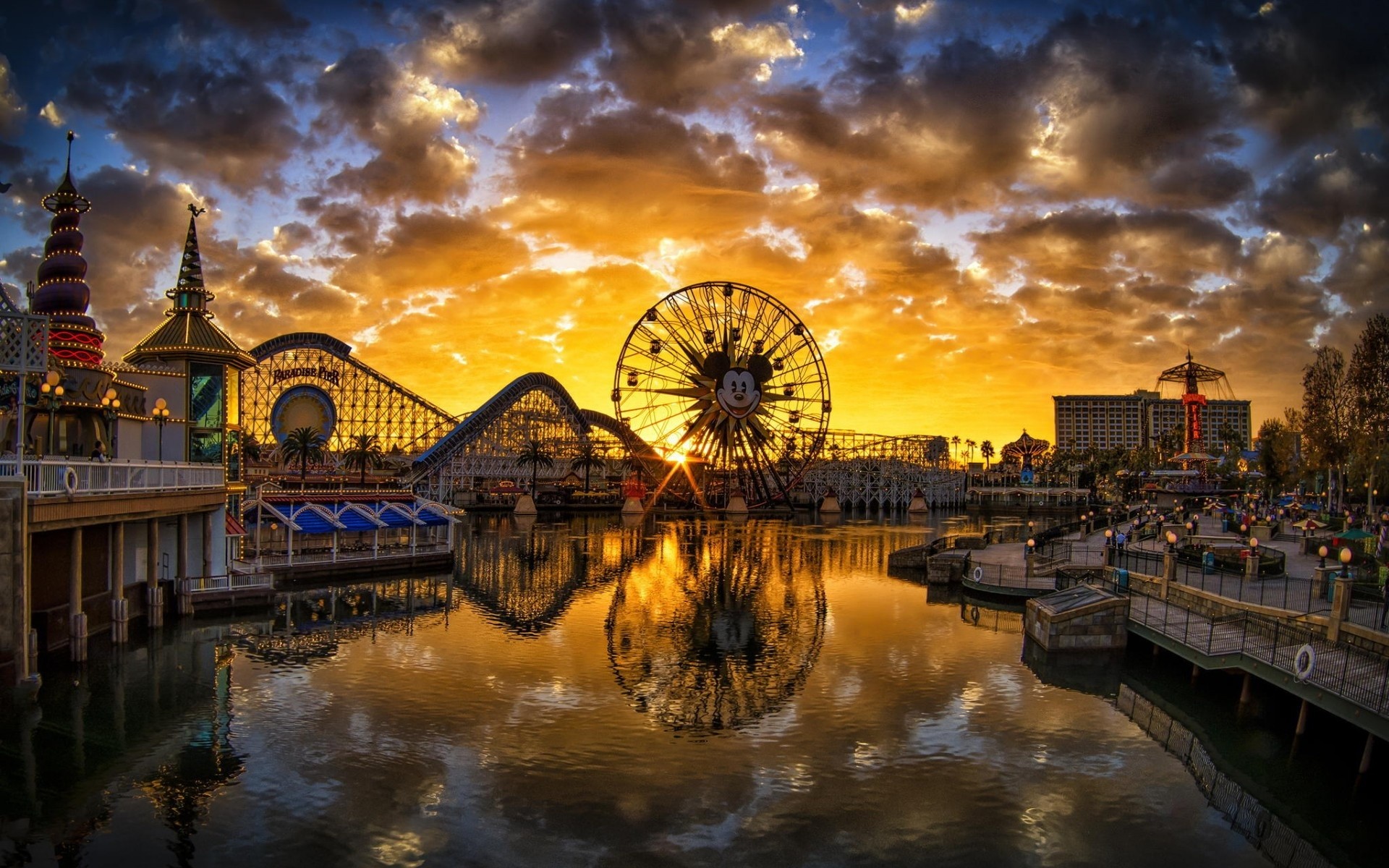 Disney California Adventure, Paradise Pier, Ruota panoramica, Tramonto, Riflesso, immagine di sfondo