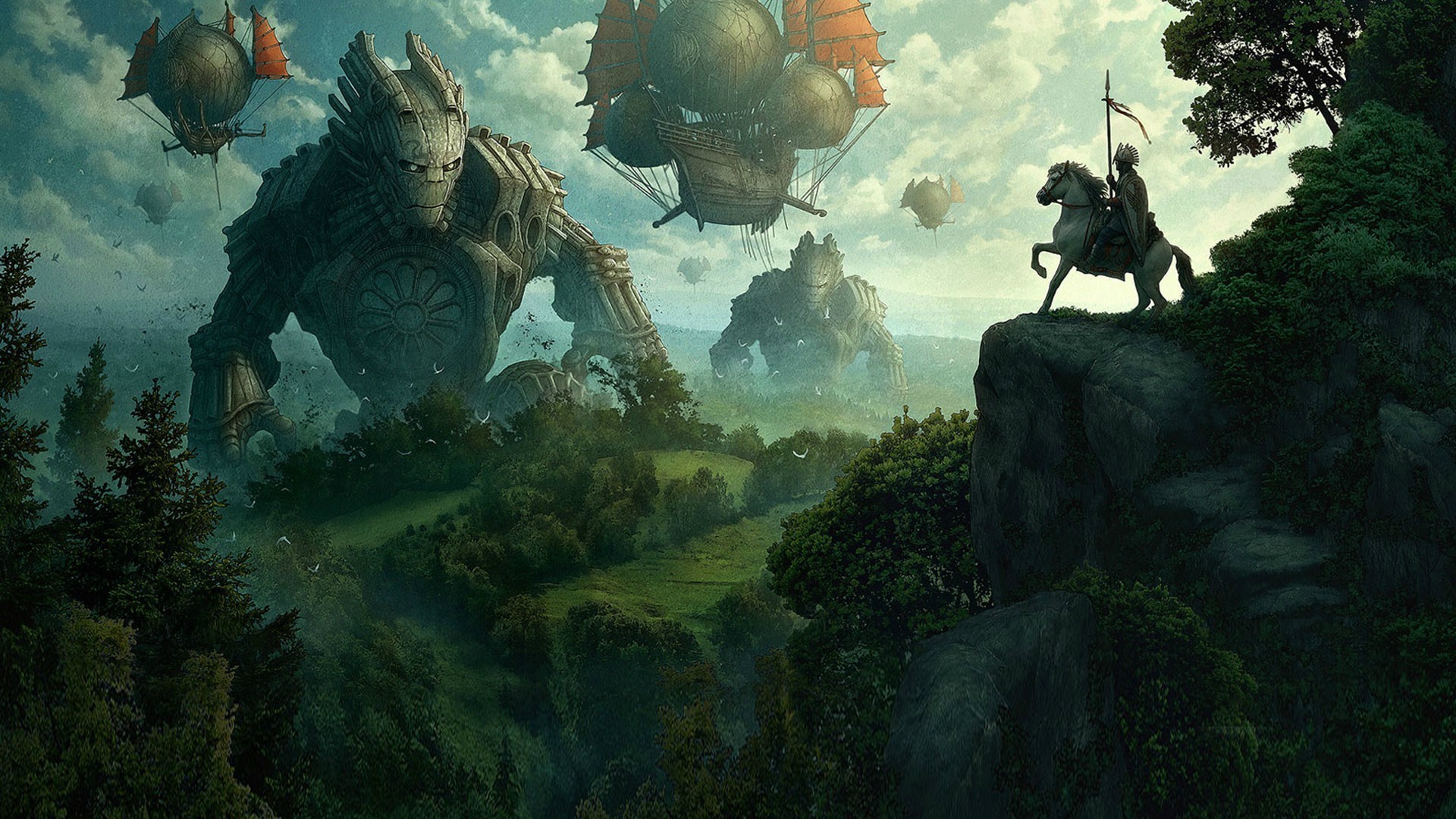 Arte fantasy, Giganti di pietra, Dirigibili, Cavaliere, Foresta, sfondo per portatile