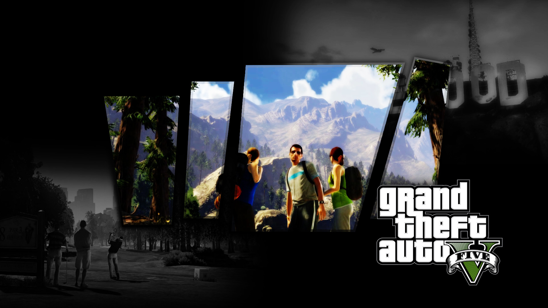 Grand Theft Auto V, Logo GTA V, Escursionisti, Montagne, Sfondo nero, wallpaper per portatile