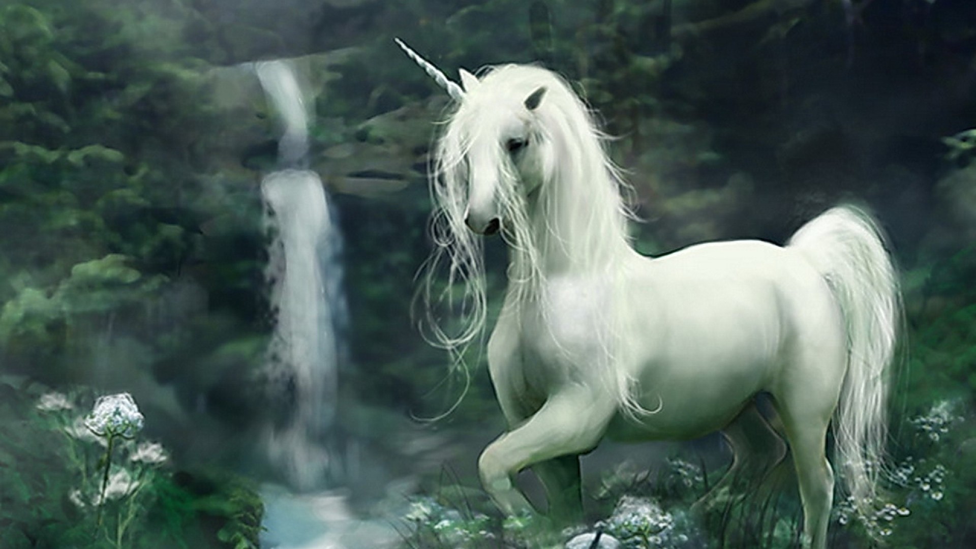 Unicorno bianco, Cascata, Foresta, Fantasy, Full HD, sfondo Windows 11