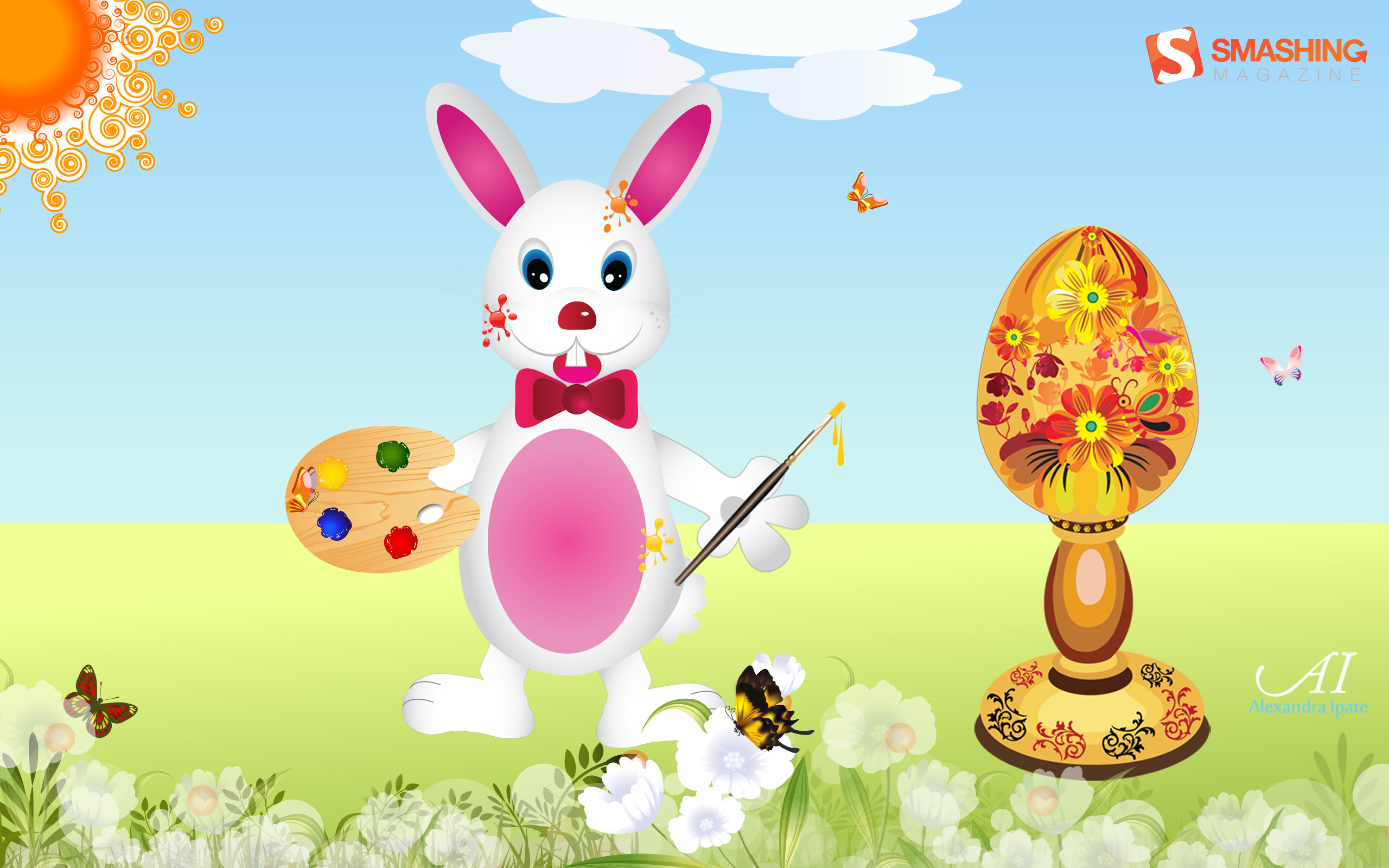 Coniglietto pasquale, Uovo decorato, Tavolozza, Illustrazione, 2560x1600, sfondo per PC