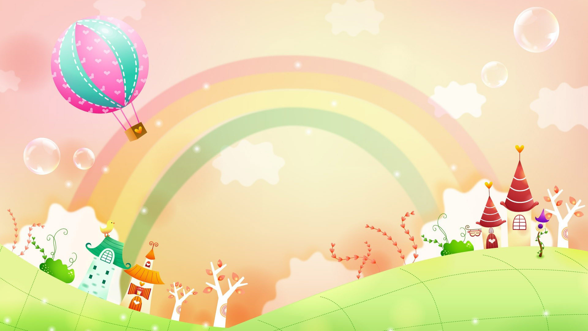 Arcobaleno, Mongolfiera, Paesaggio da fiaba, Pastello, Full HD, sfondo desktop