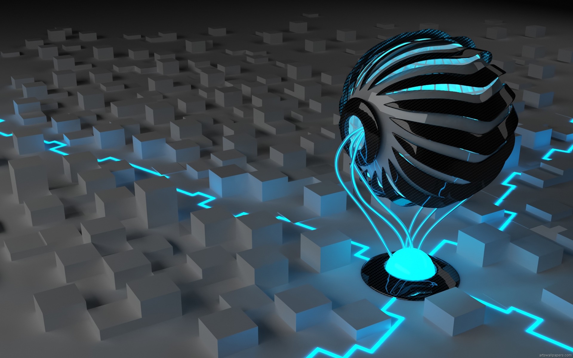 Sfera, Cubi 3D, Luce blu, Arte 3D, 16:10 Full HD, sfondo widescreen