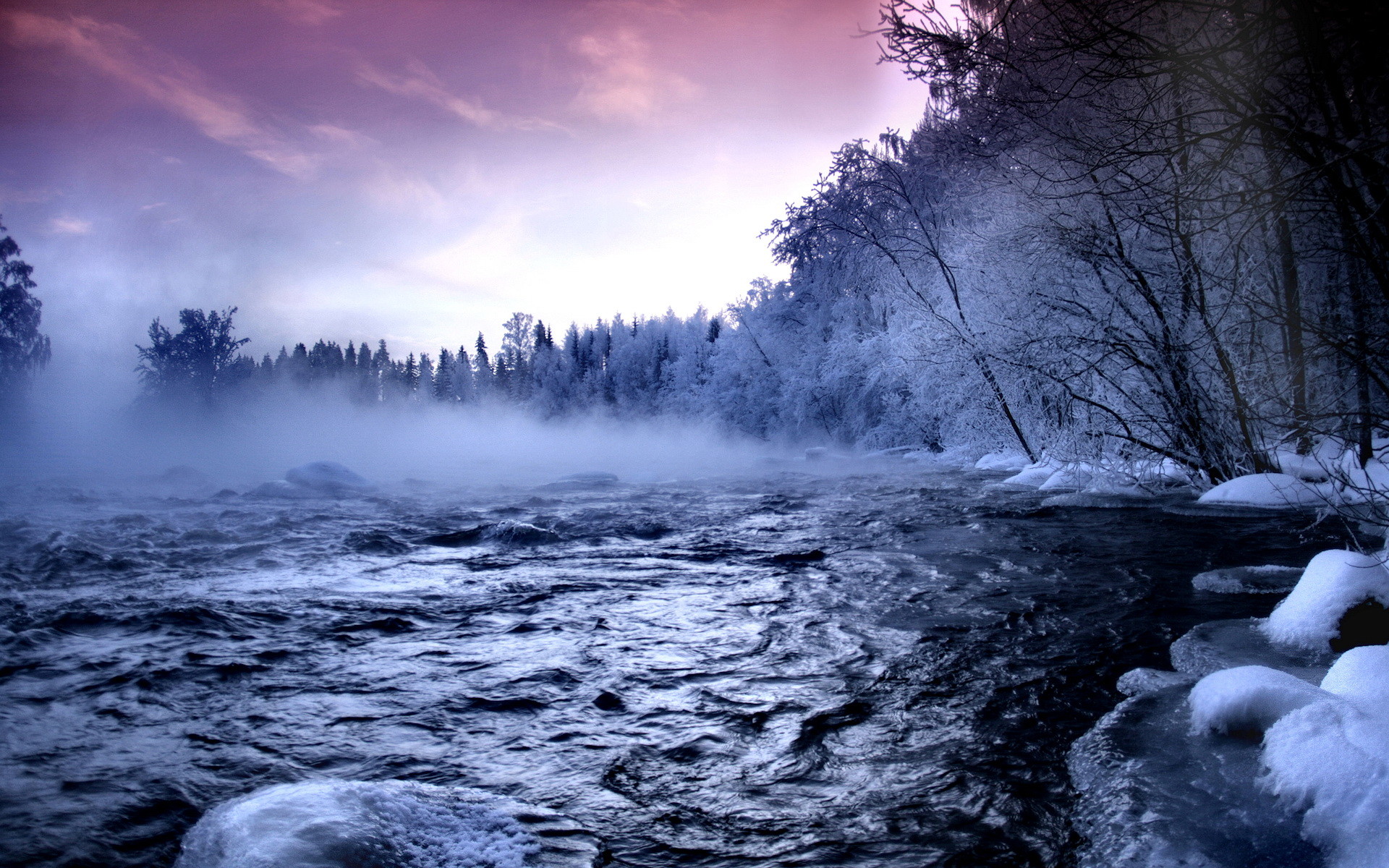Fiume, Neve, Nebbia, Inverno, Foresta, Full HD, sfondo Windows 11
