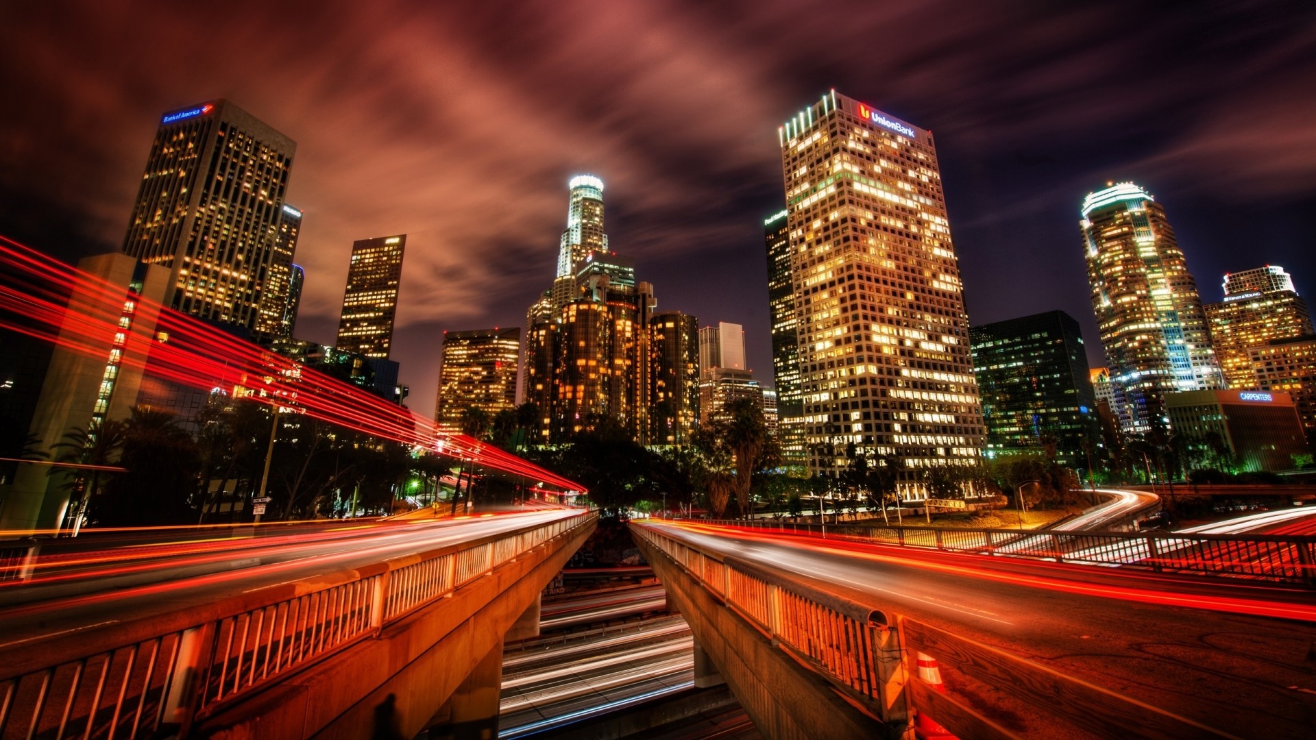 Downtown Los Angeles, Scie luminose, Notte, Grattacieli, Full HD, wallpaper per computer