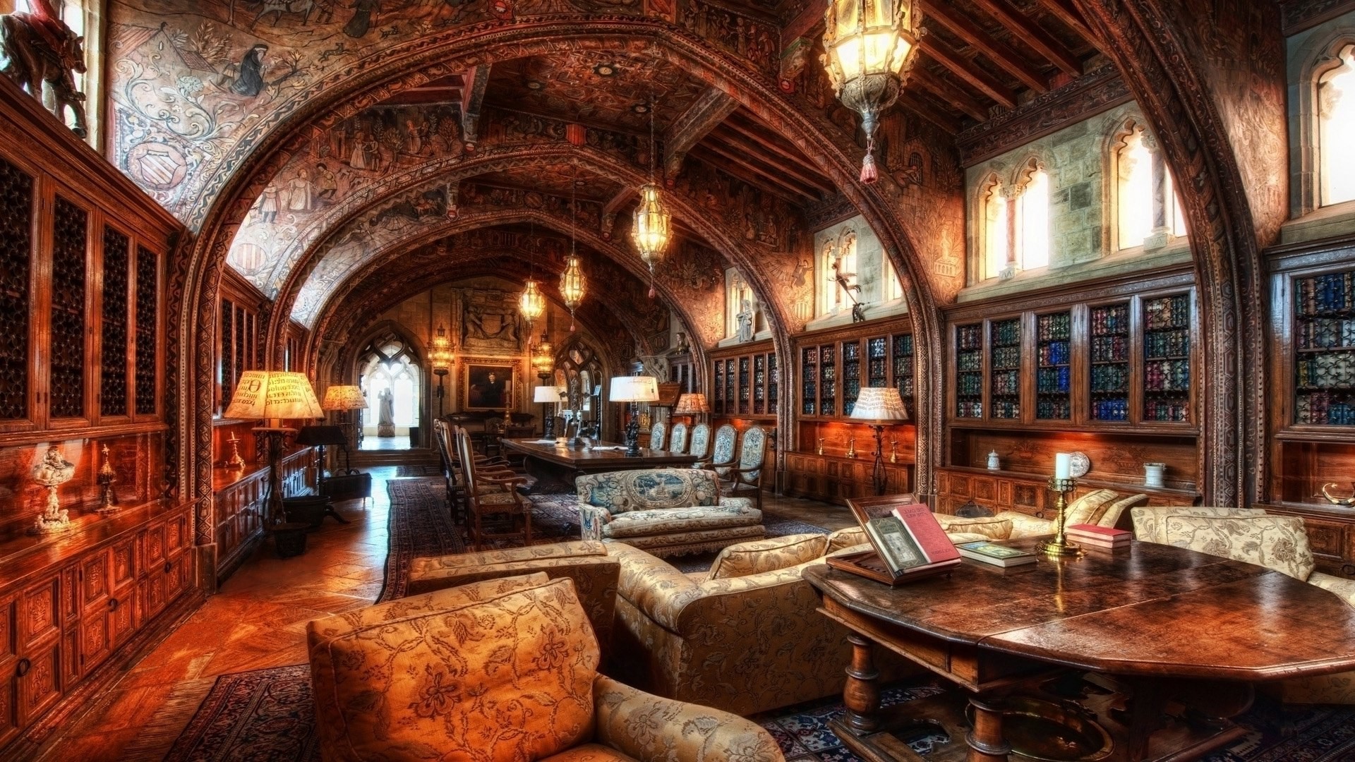 Biblioteca, Sala di lettura, Divani, HDR, 16:9 Full HD, sfondo widescreen