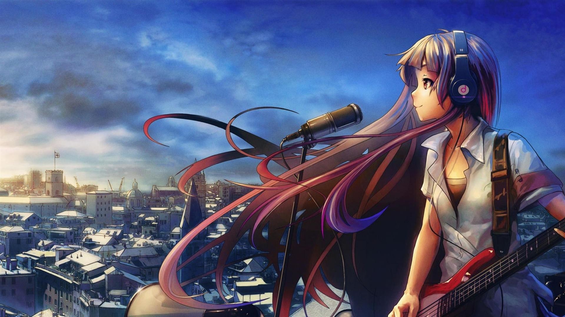 Ragazza anime, Chitarra elettrica, Cuffie, Città, 1920x1080, sfondo per PC