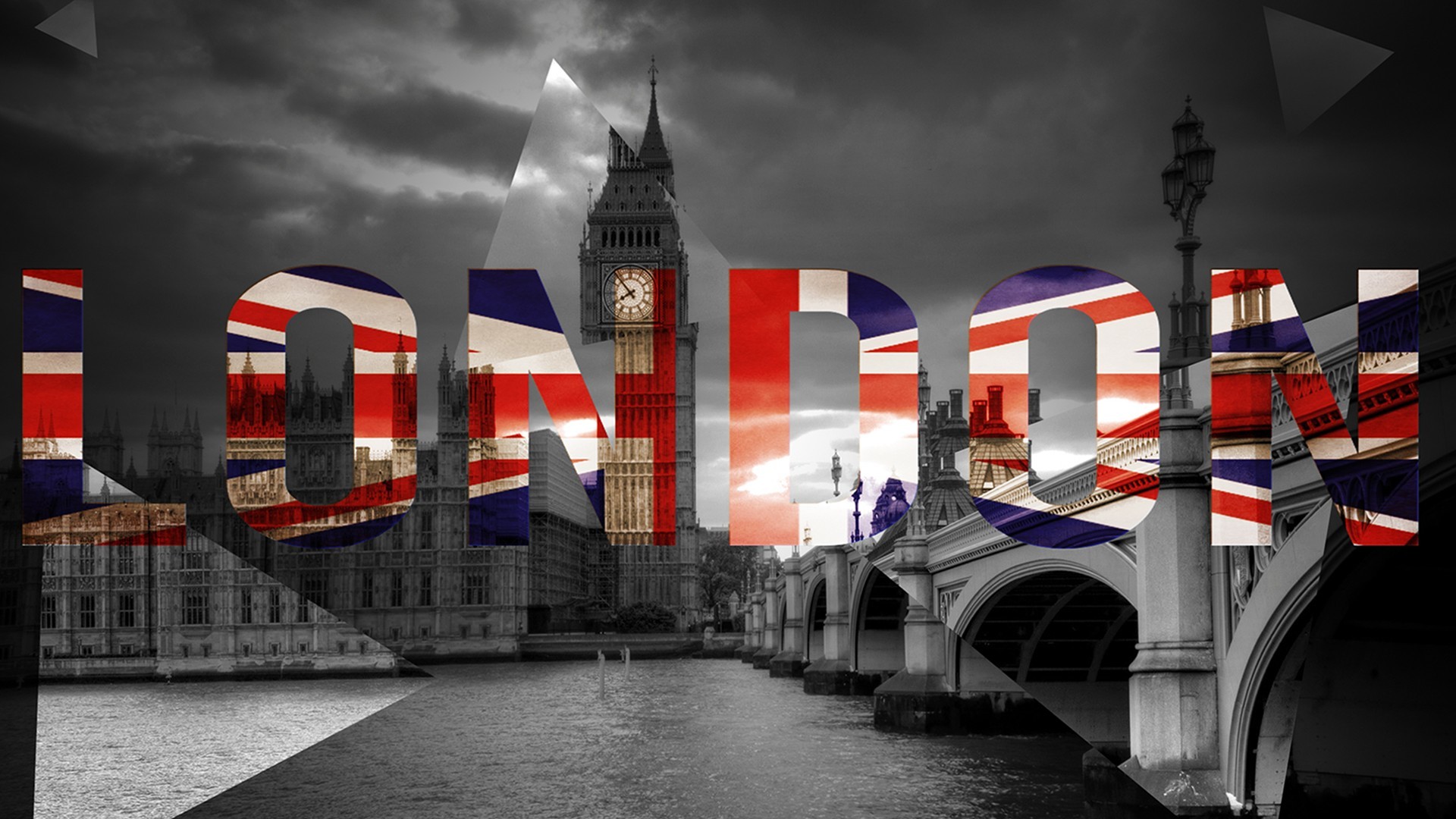 Londra, Union Jack, Big Ben, Scritta, Bianco e nero, Full HD 1080p, sfondo desktop