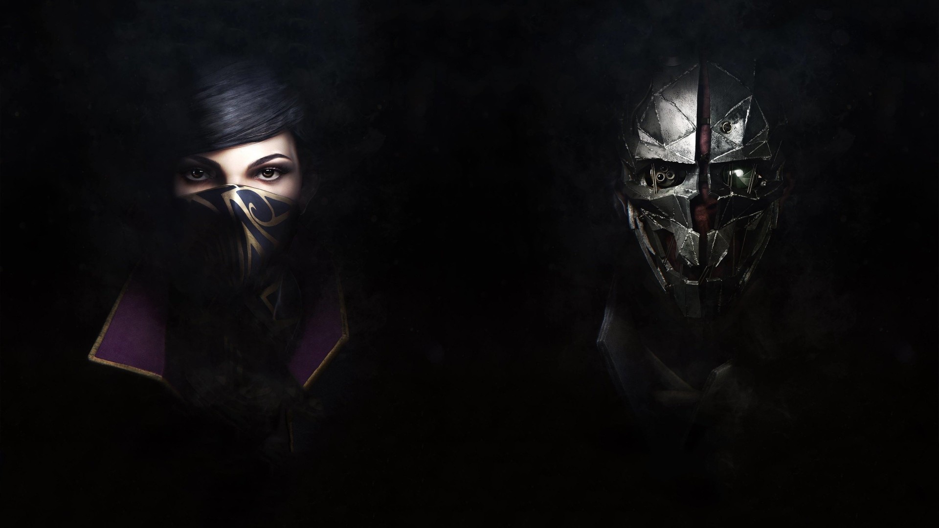 Emily Kaldwin, Corvo Attano, Dishonored 2, Maschere, Sfondo scuro, wallpaper desktop Full HD