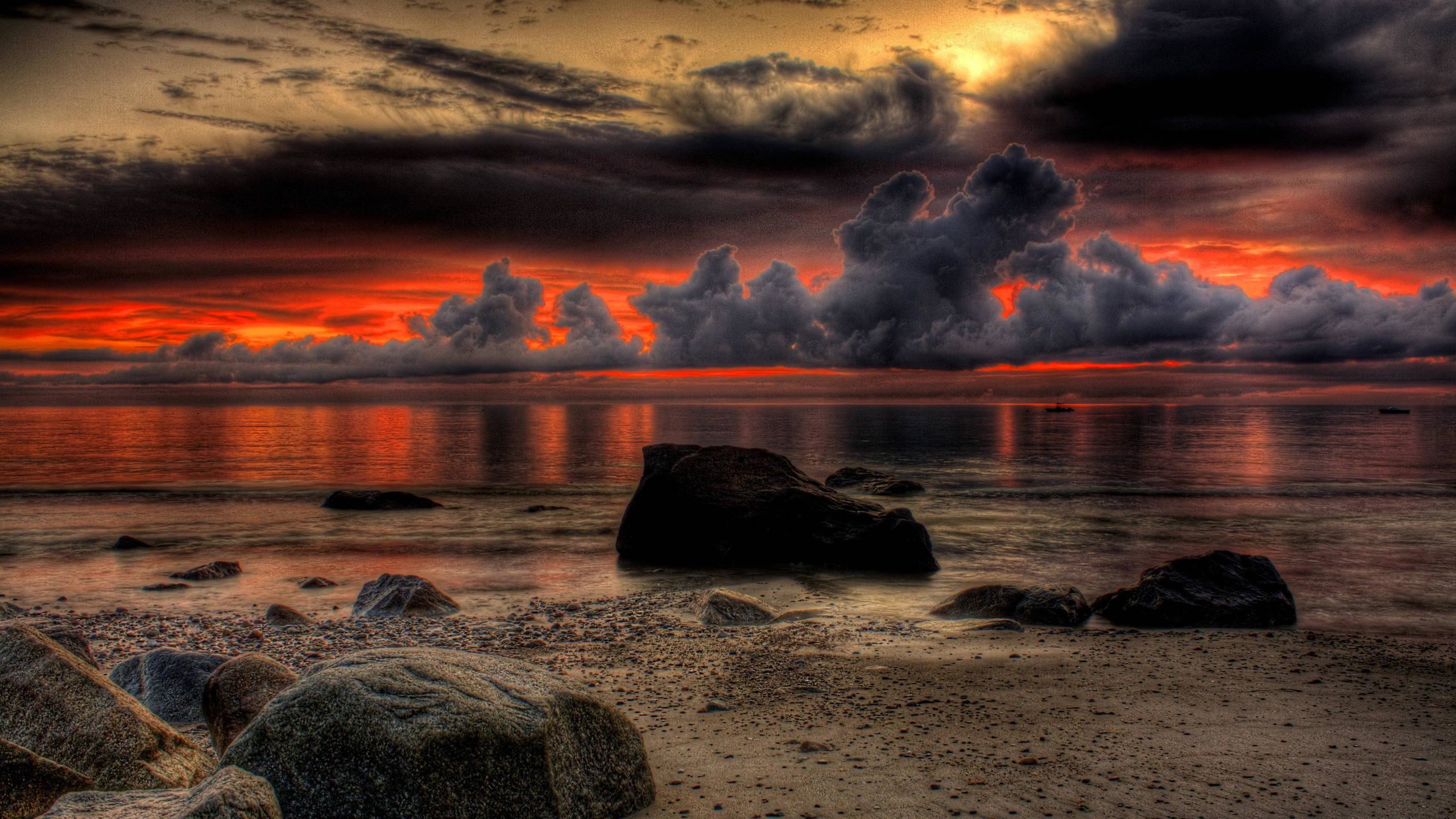 Spiaggia, Rocce, Tramonto, Nuvole, HDR, 2560x1440, sfondo per PC