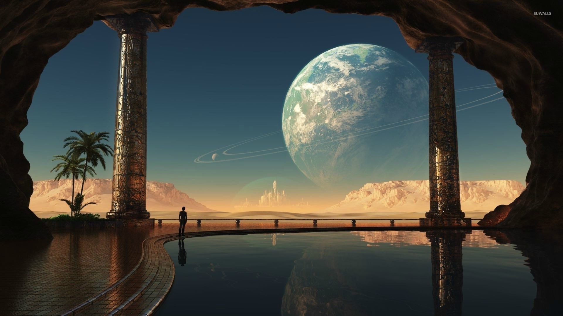 Pianeta, Colonne, Palme, Fantascienza, 16:9 Full HD, wallpaper widescreen