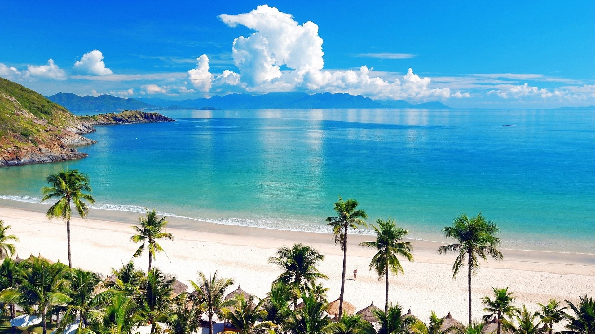 Spiaggia tropicale, Palme, Mare turchese, Nuvole, Full HD, wallpaper per PC