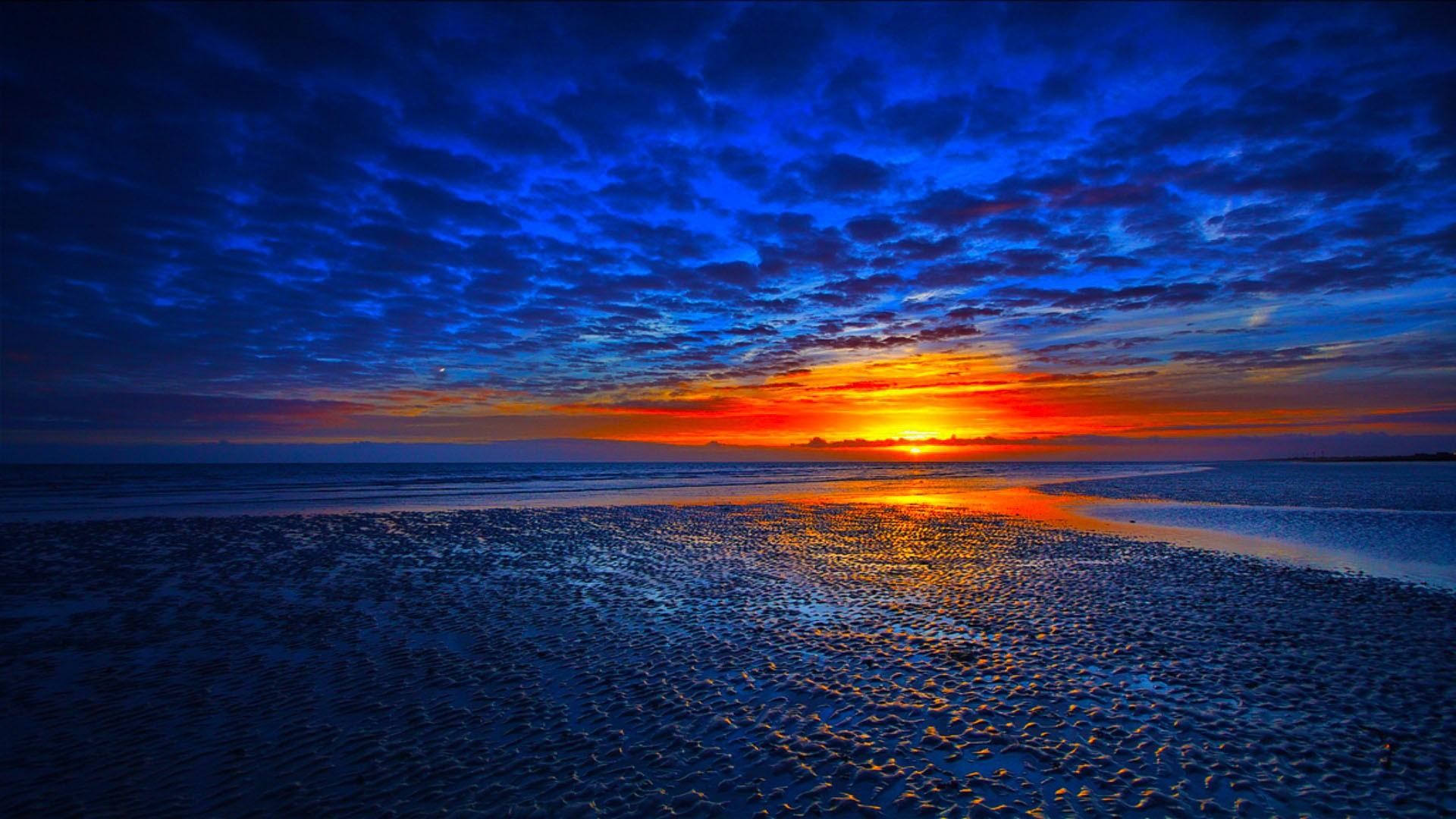 Tramonto, Mare, Cielo blu, Nuvole, Full HD, sfondo per portatile