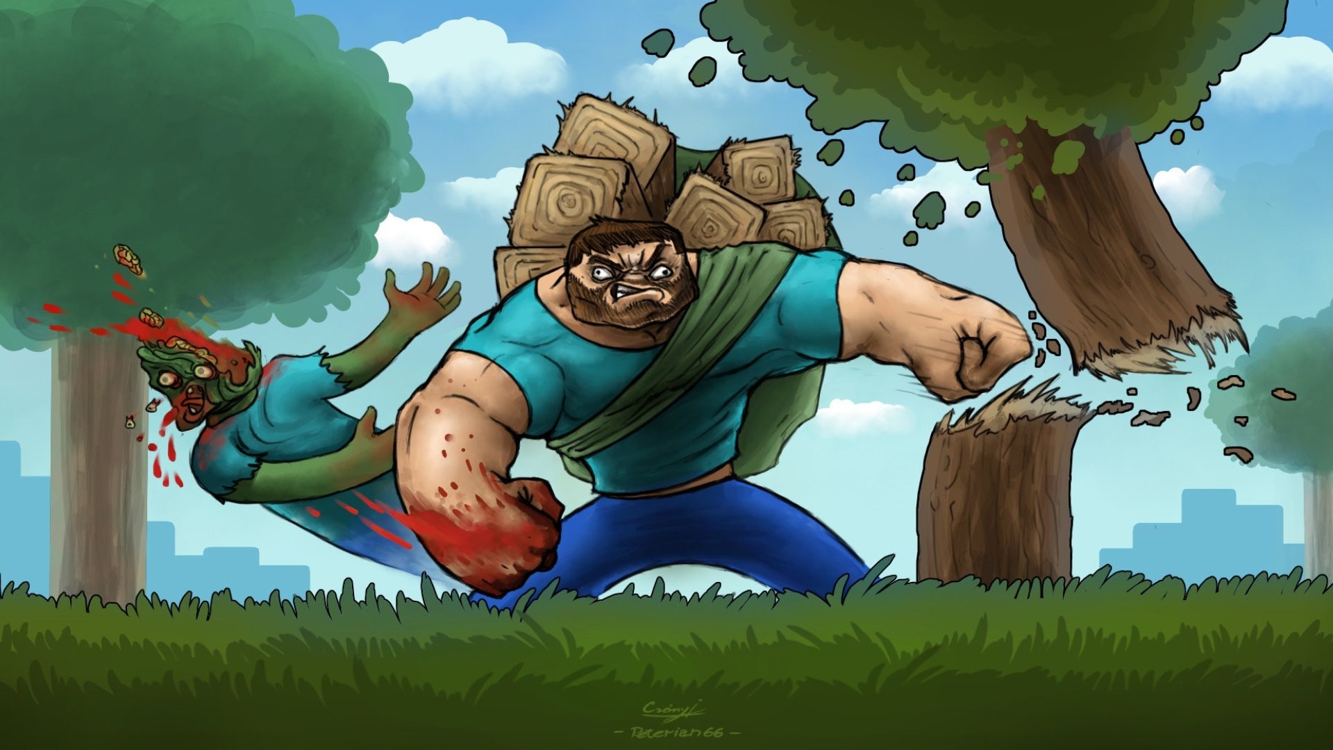 Steve, Zombie, Minecraft, Fan art, Albero, 1920x1080, immagine di sfondo