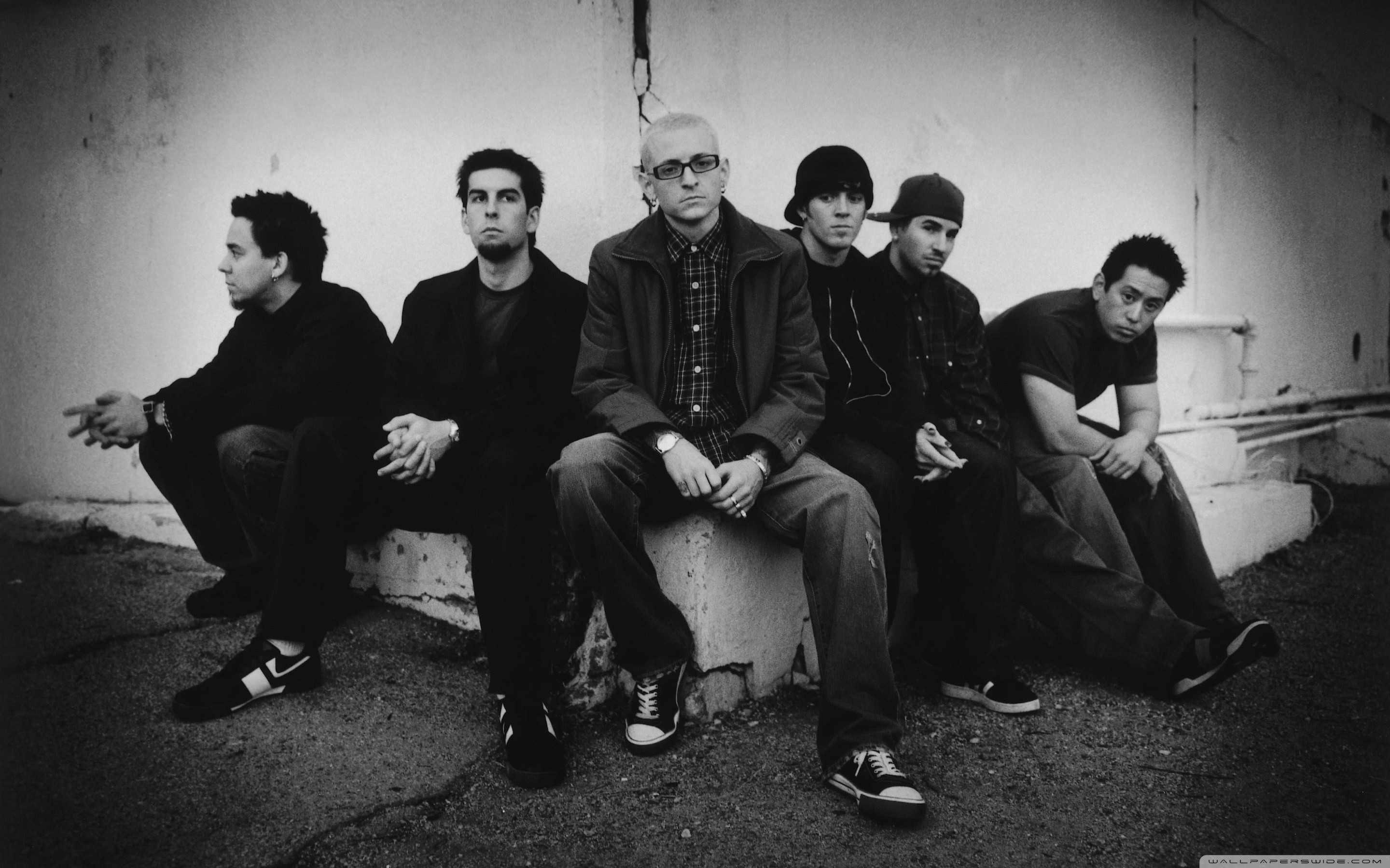Linkin Park, Chester Bennington, Mike Shinoda, Bianco e nero, Foto di gruppo, sfondo 2K