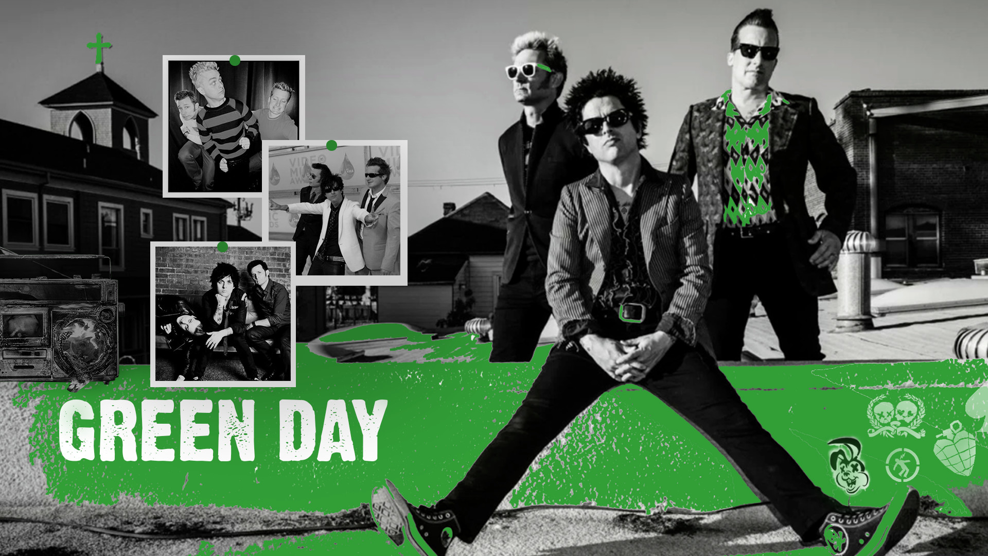 Green Day, Billie Joe Armstrong, Mike Dirnt, Tré Cool, Collage, 1920x1080, immagine di sfondo