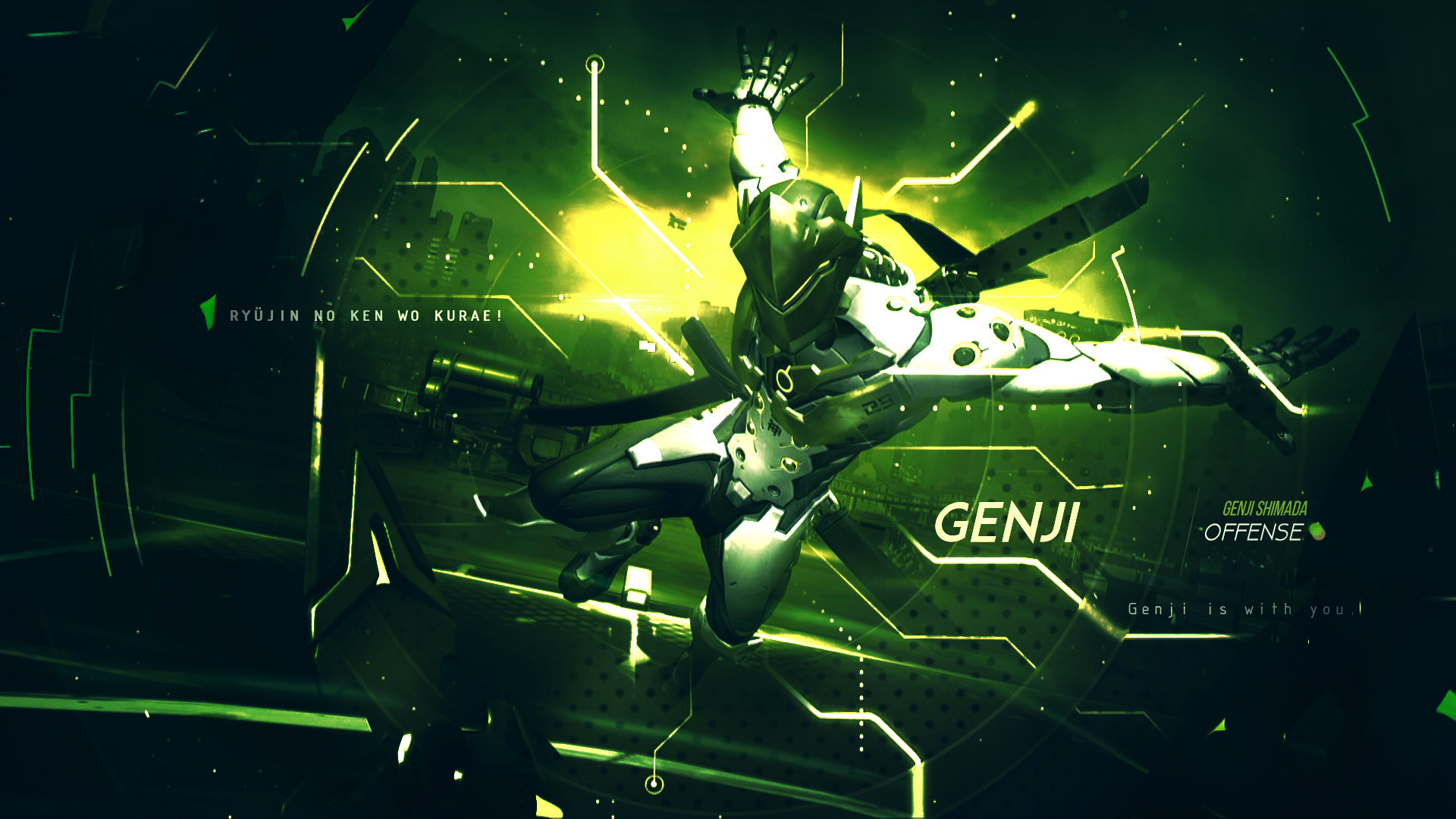 Genji, Overwatch, Verde neon, Grafica, 16:9 Full HD, sfondo widescreen