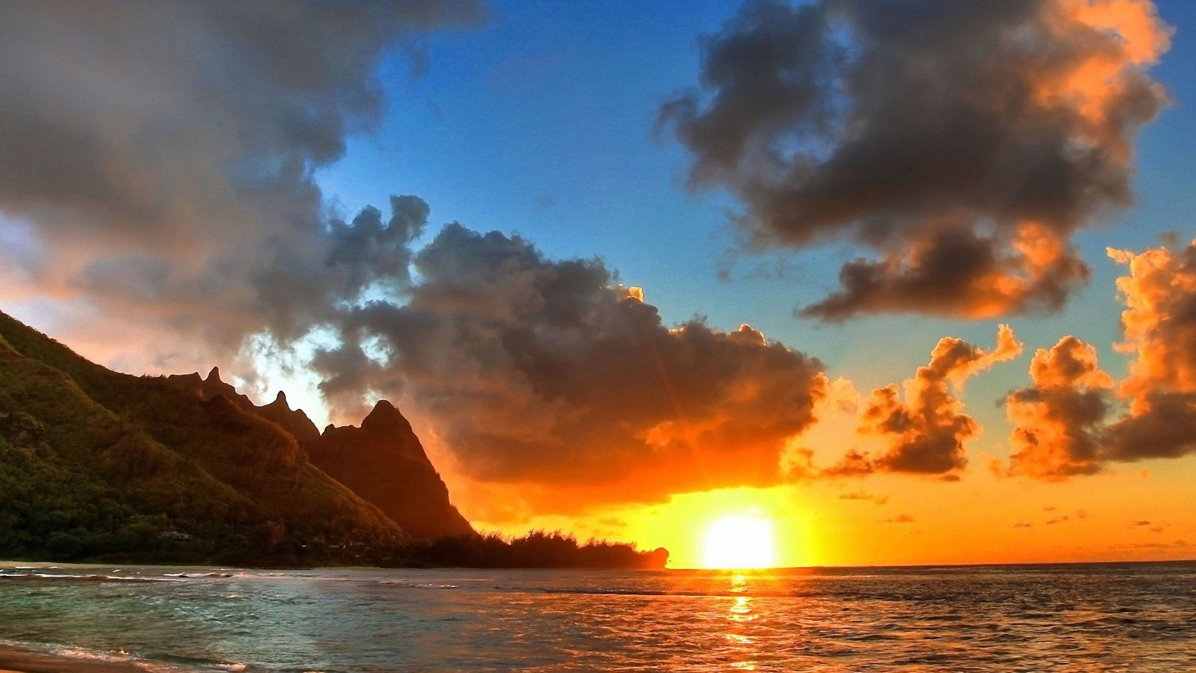 Hanalei Bay, Kauai, Hawaii, Tramonto, Nuvole, 3840x2160, immagine di sfondo