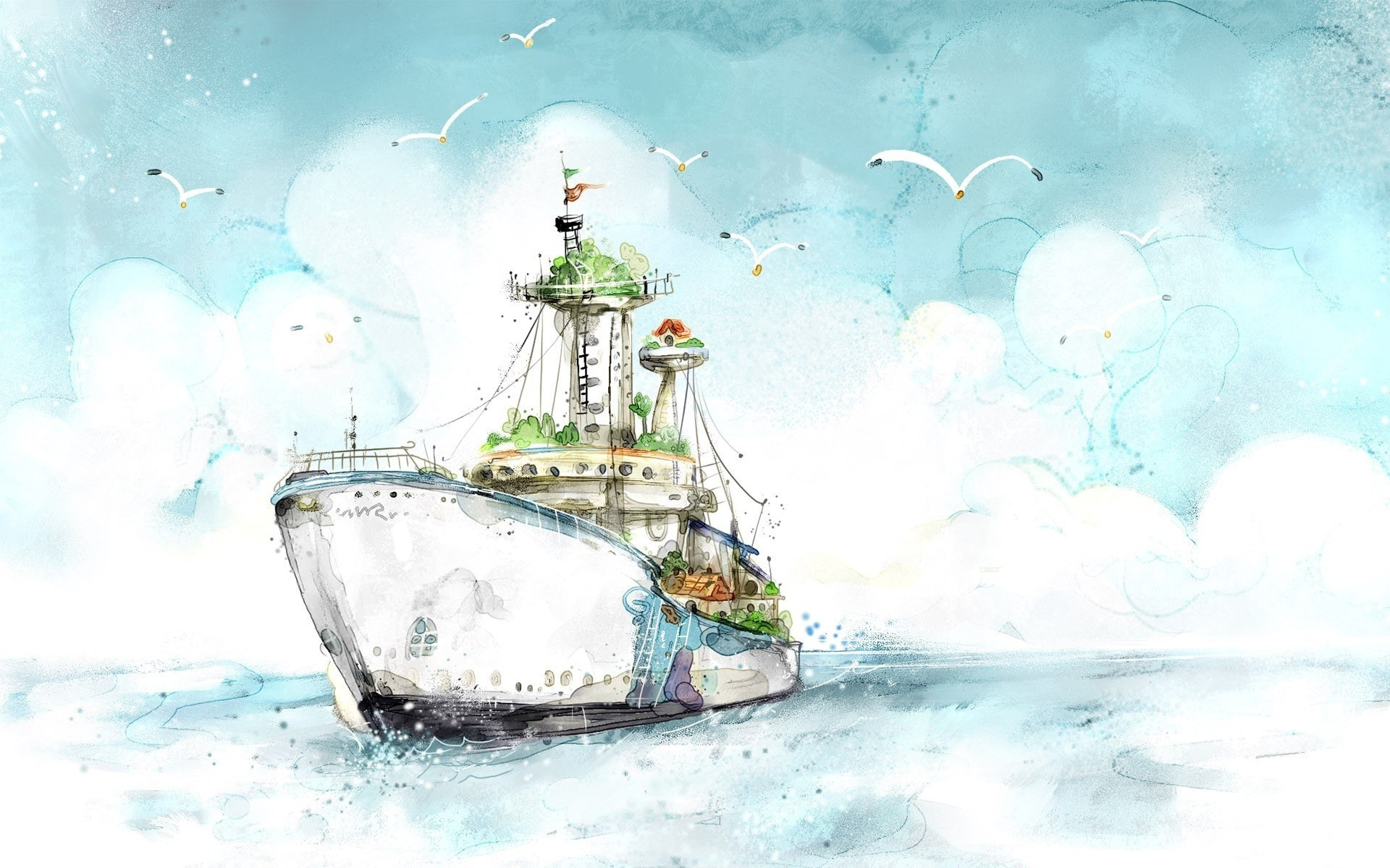 Nave, Gabbiani, Mare, Acquerello, Illustrazione, 1920x1200, sfondo per PC