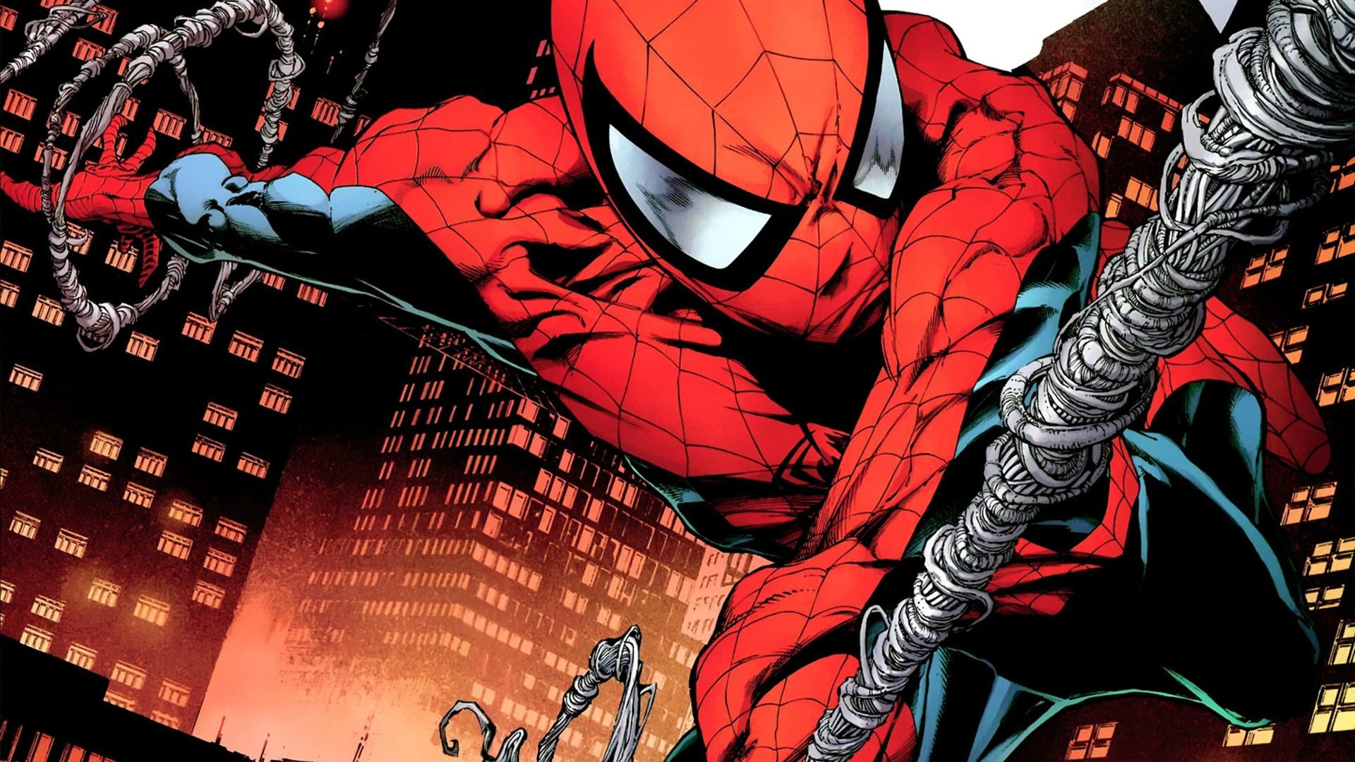 Spider-Man, Marvel Comics, Grattacieli, Notte, Fumetto, Full HD, sfondo desktop
