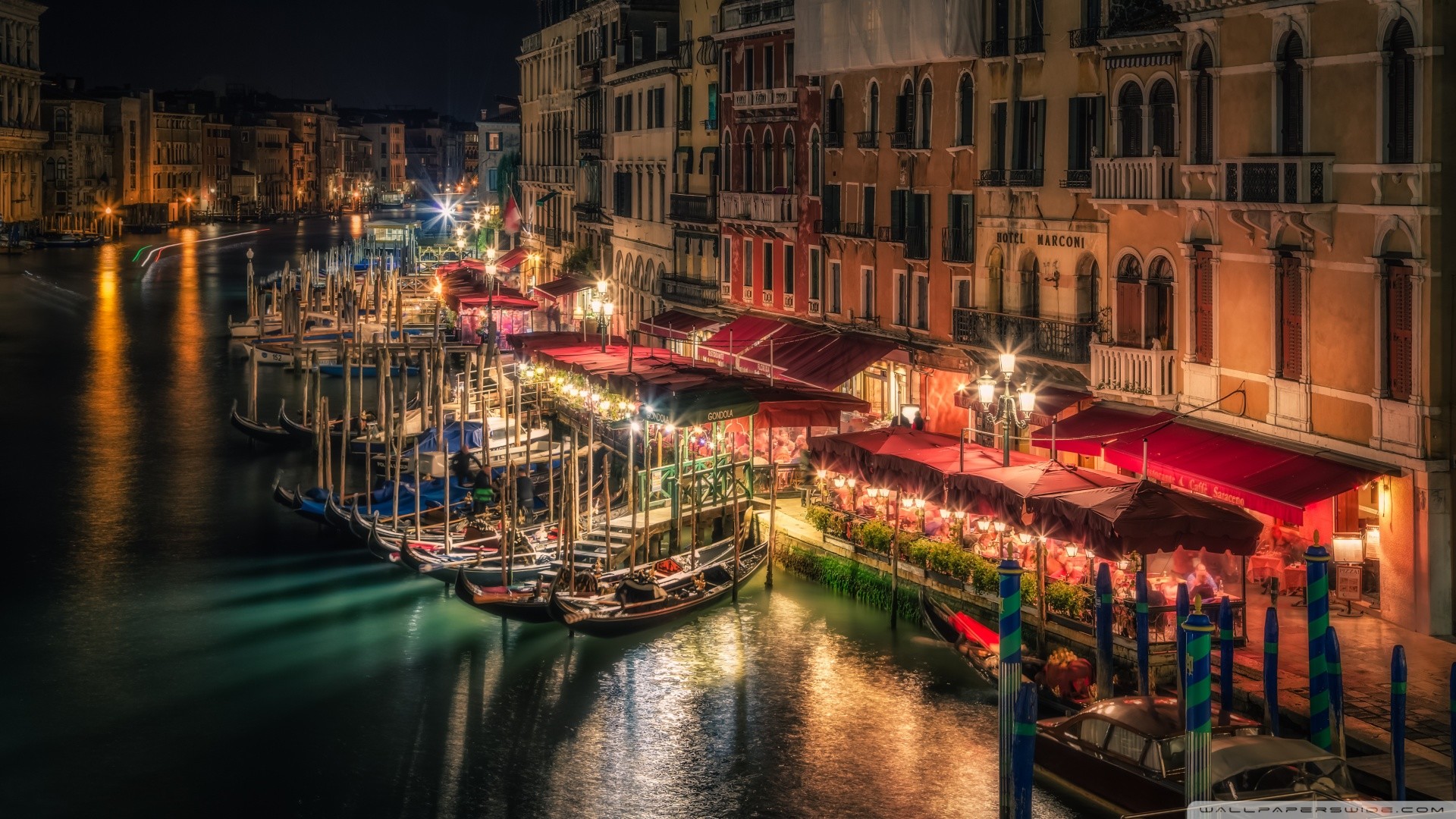 Canal Grande, Venezia, Gondole, Notte, Ristoranti, Full HD, sfondo Windows 11