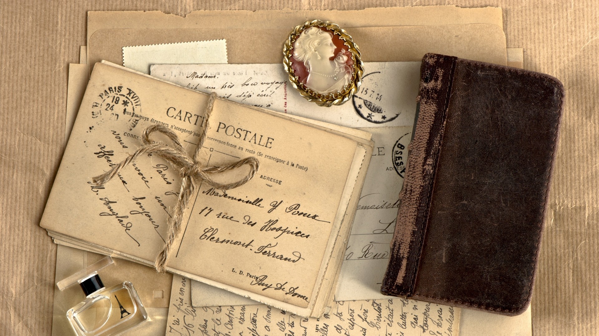 Cartoline d'epoca, Taccuino in pelle, Cammeo, Spago, 1920x1080, sfondo per PC