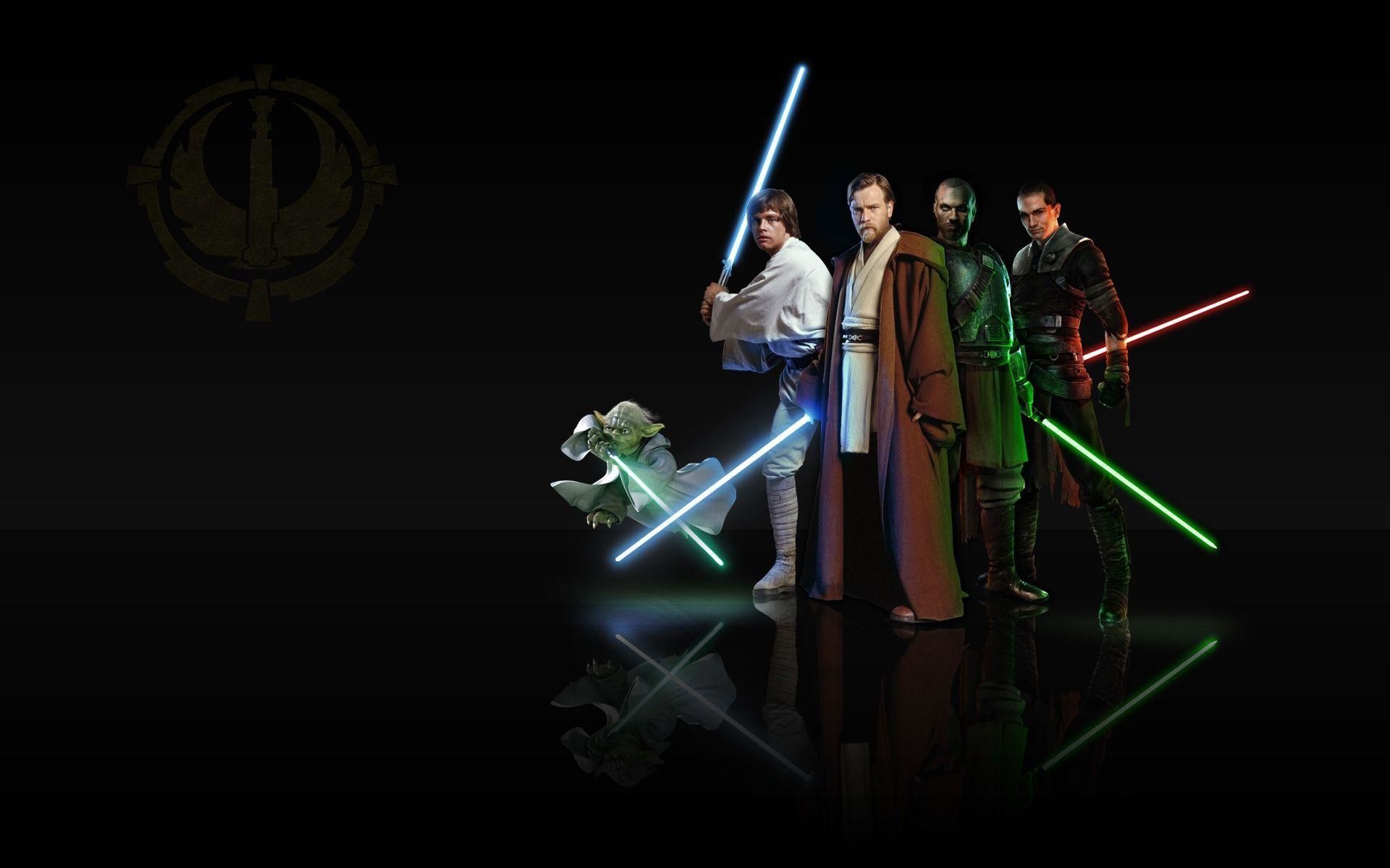 Luke Skywalker, Obi-Wan Kenobi, Yoda, Mace Windu, Jedi, Spade laser, Sfondo nero, wallpaper desktop