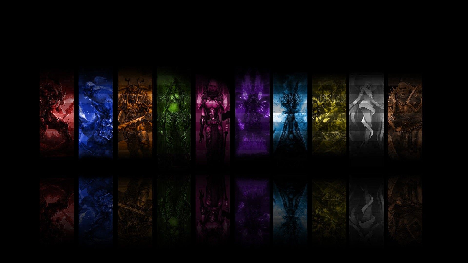 World of Warcraft, Classi, Stendardi, Sfondo nero, Riflesso, Full HD, wallpaper per portatile