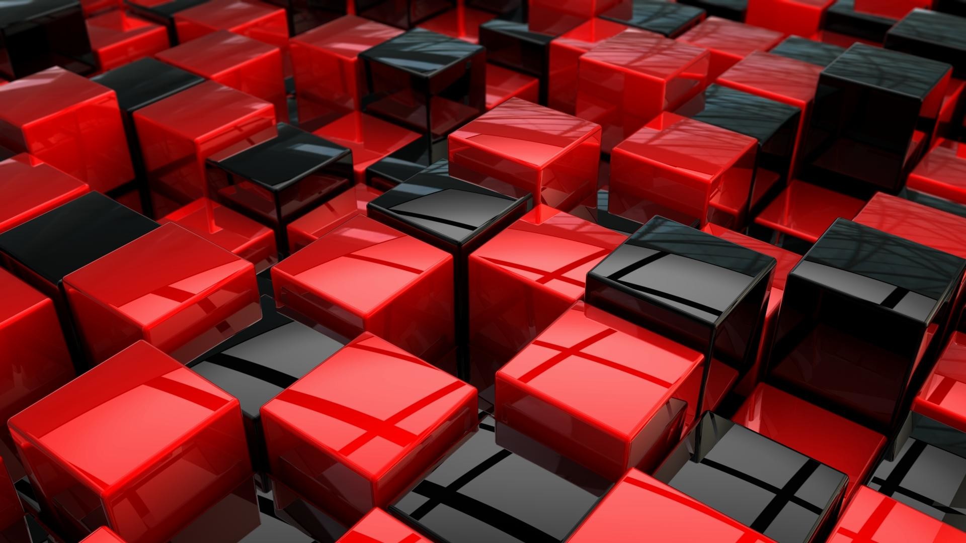 Cubi 3D, Rosso e nero, Rendering 3D, 16:9 Full HD, sfondo widescreen