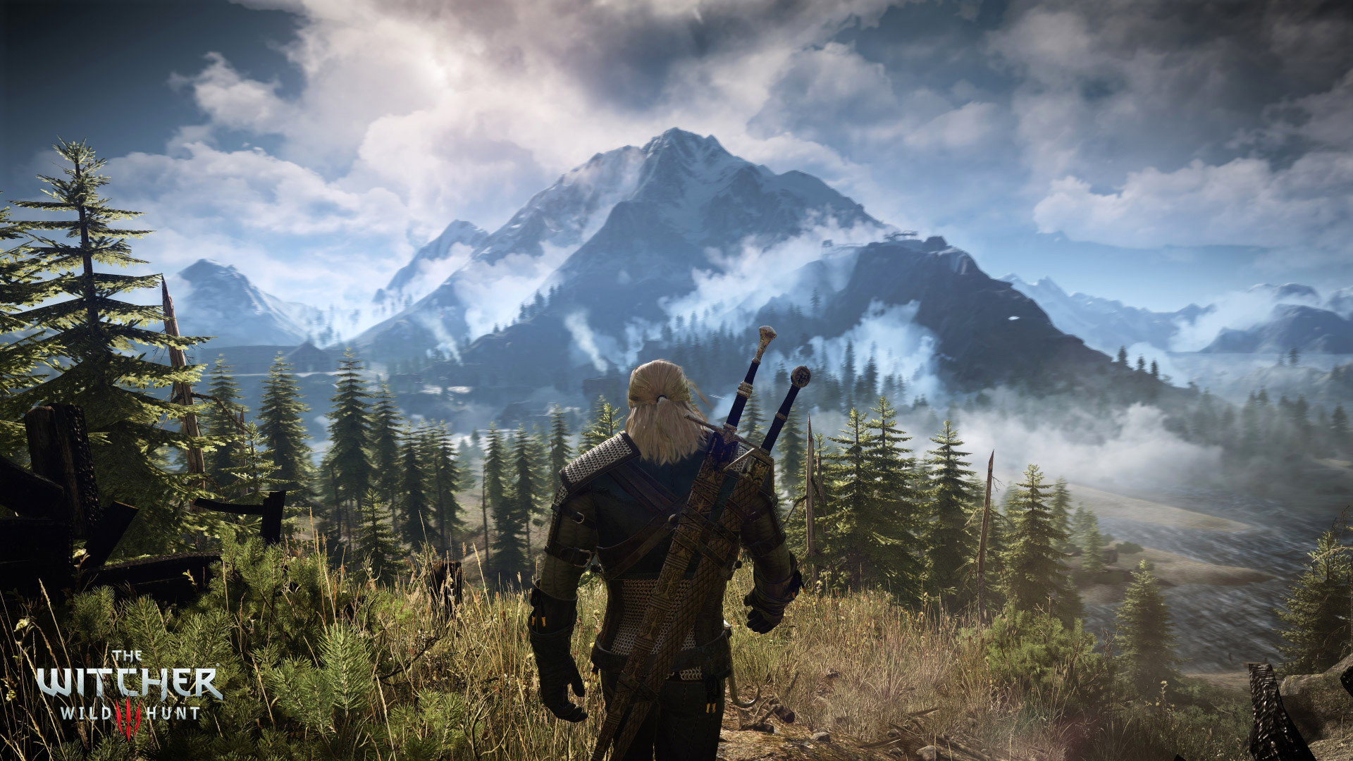Geralt di Rivia, The Witcher 3: Wild Hunt, Montagne, Pini, Full HD, sfondo per PC e portatile