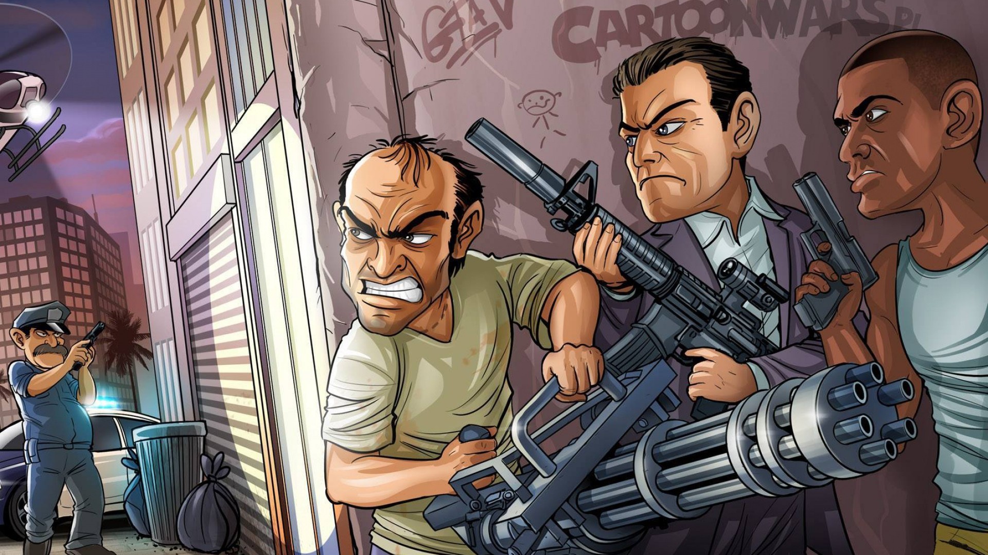 Trevor Philips, Michael De Santa, Franklin Clinton, Grand Theft Auto V, Caricatura, sfondo Full HD