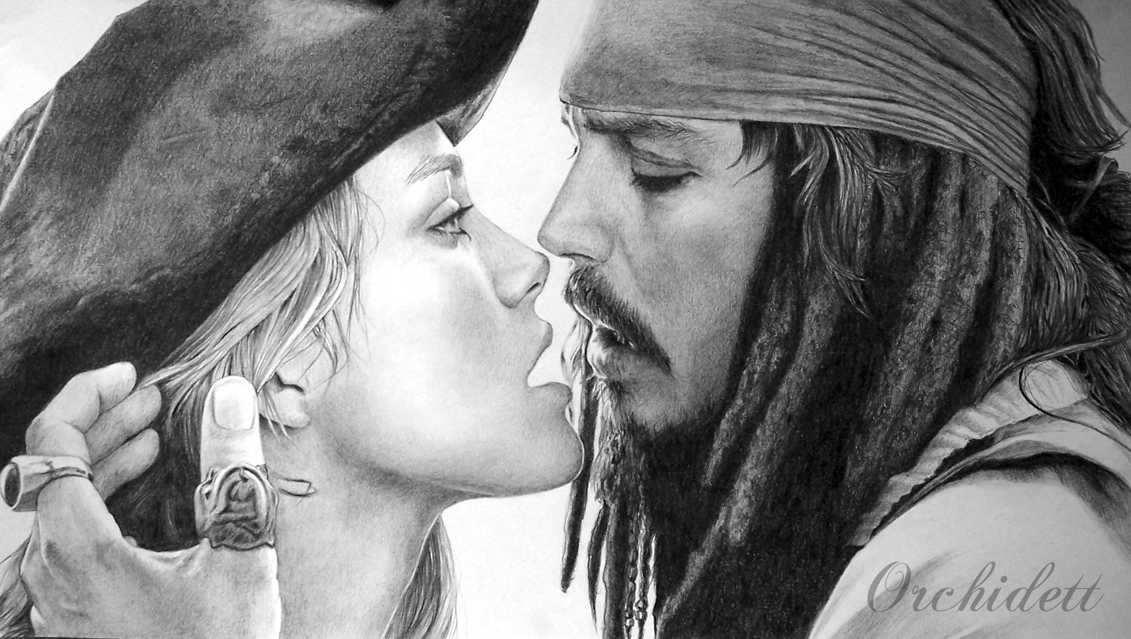 Jack Sparrow, Elizabeth Swann, Bacio, Disegno a matita, Full HD, wallpaper per computer