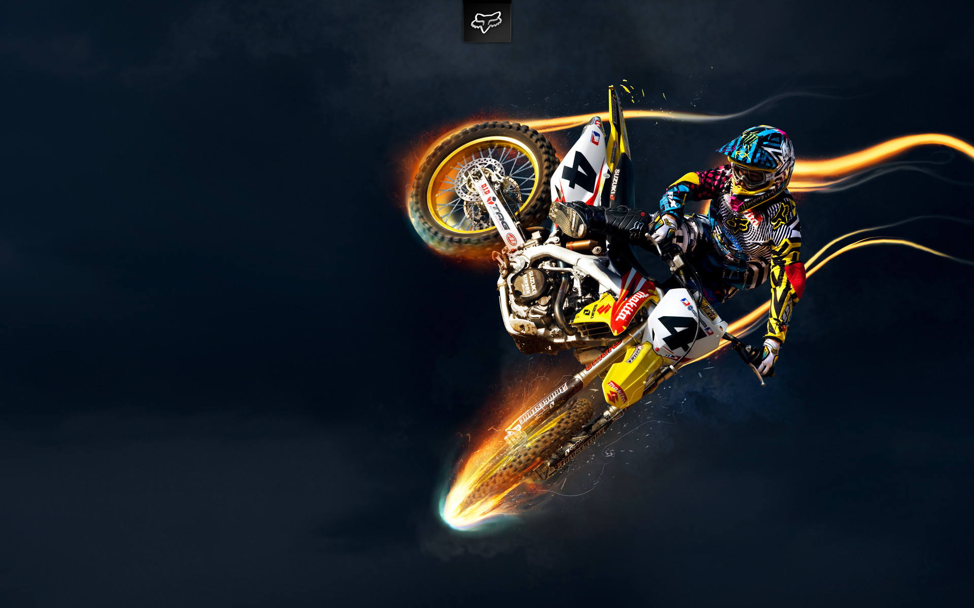 Motocross, Freestyle, Fiamme, Sfondo nero, Full HD, wallpaper per PC