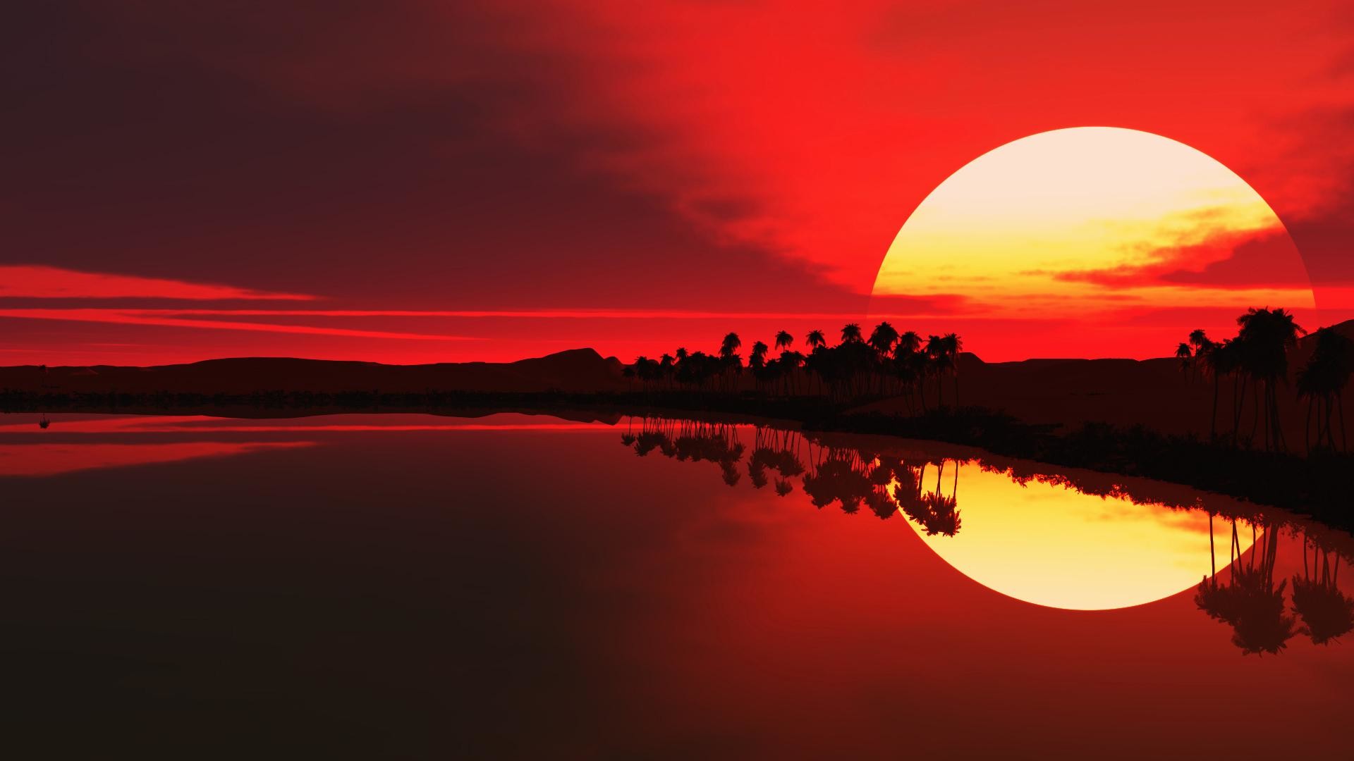 Tramonto, Sole rosso, Palme, Riflesso, sfondo Full HD per desktop