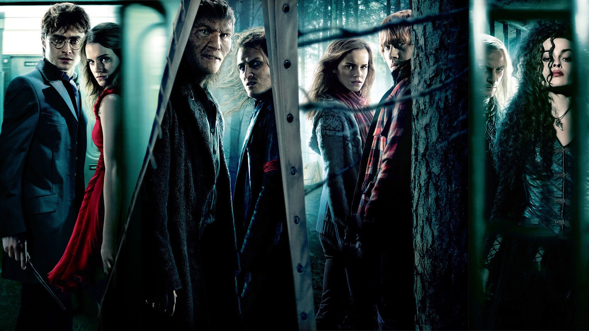 Harry Potter e i Doni della Morte, Harry Potter, Hermione Granger, Bellatrix Lestrange, Locandina, sfondo Full HD