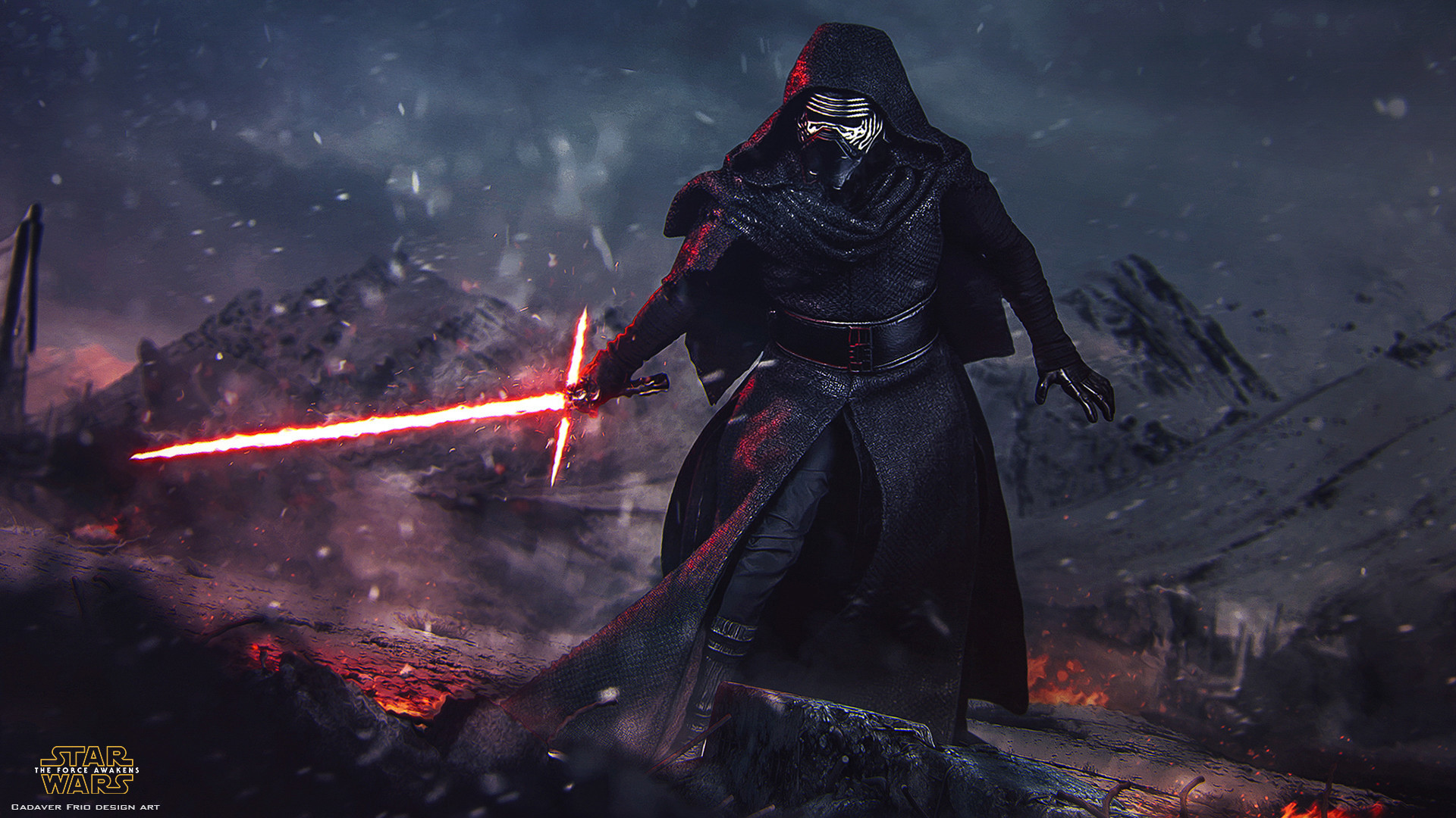 Kylo Ren, Star Wars: Il risveglio della Forza, Spada laser rossa, Montagne, Arte digitale, Fiamme, sfondo desktop