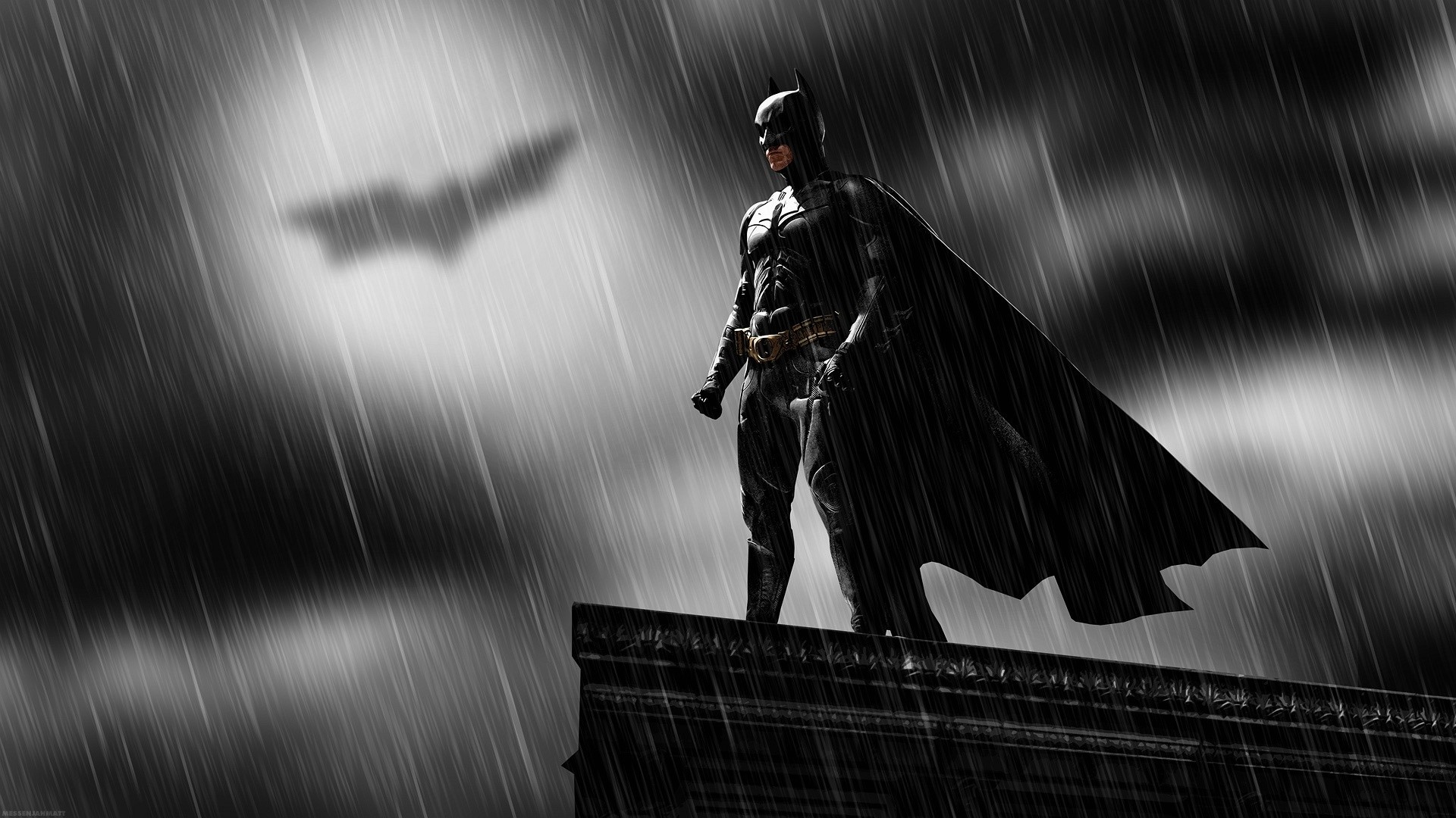 Batman, Il cavaliere oscuro, Bat-segnale, Pioggia, Tetto, Full HD, sfondo per portatile