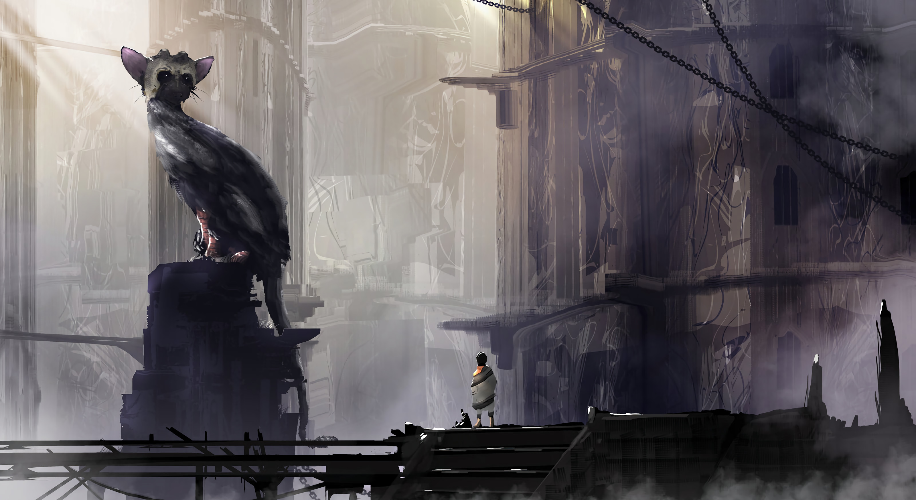 Trico, The Last Guardian, Ragazzo, Rovine, Nebbia, 2K, sfondo Windows 11