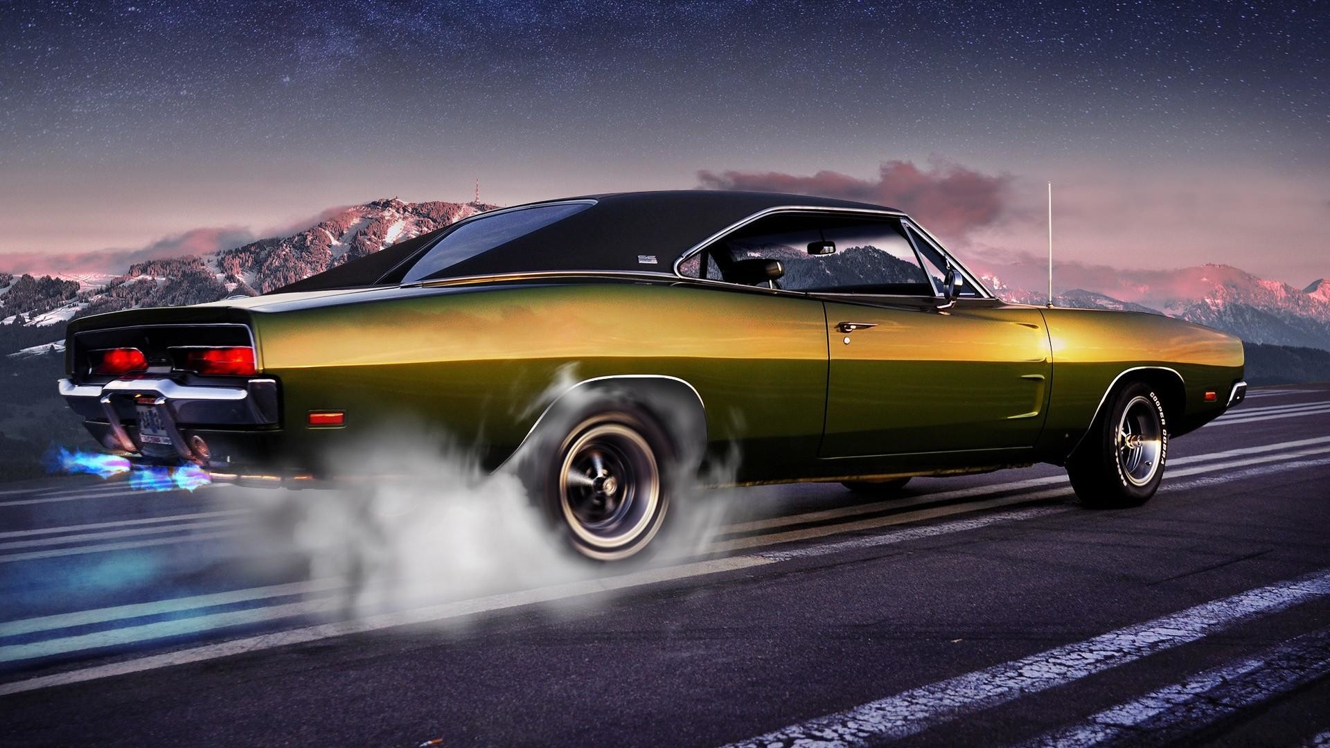 Dodge Charger (1969), Muscle car, Burnout, Fumo, Montagne, Full HD, sfondo per portatile