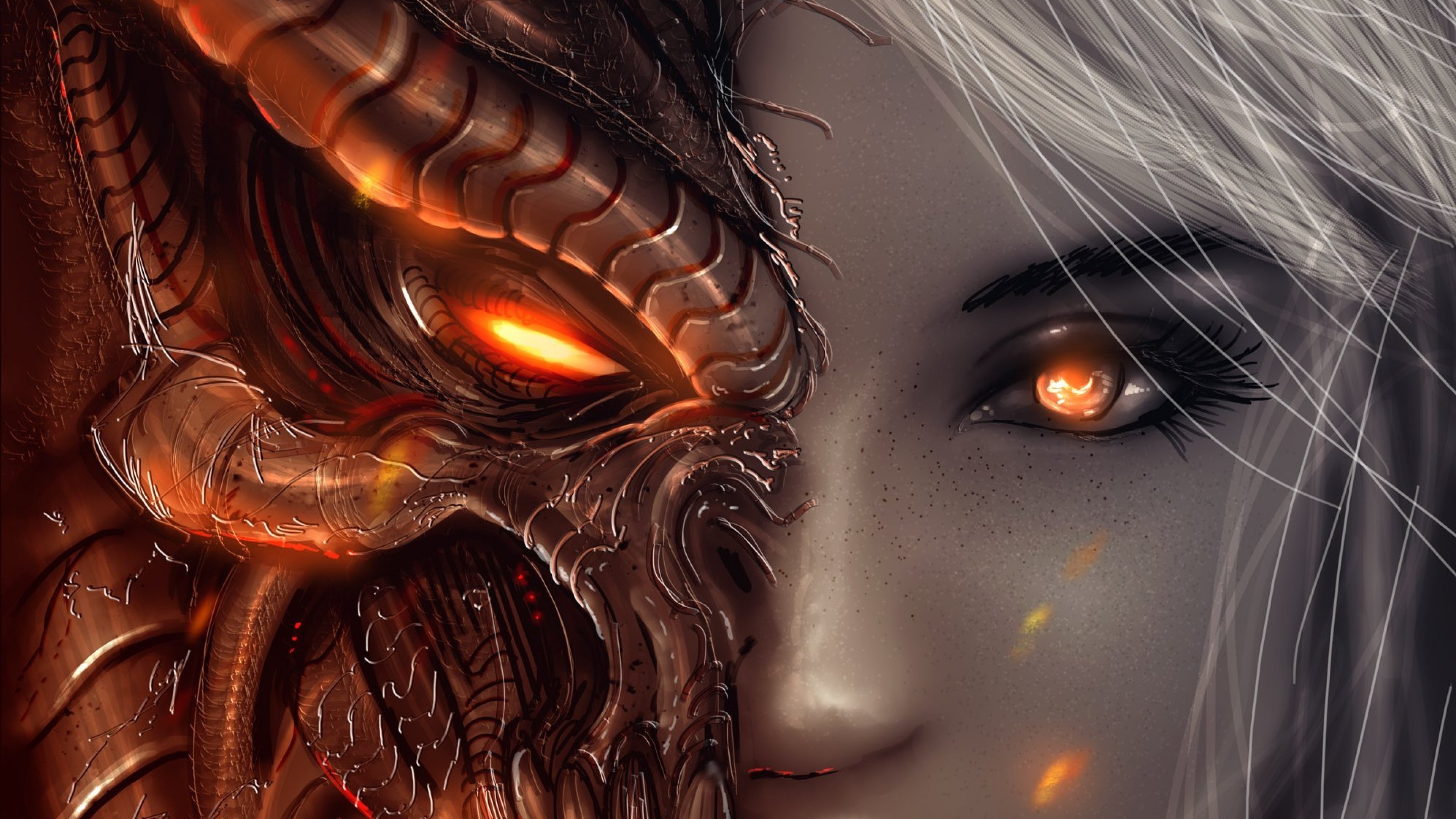 Diablo, Leah, Diablo III, Volto diviso, Occhi luminosi, 3840x2160, sfondo per PC