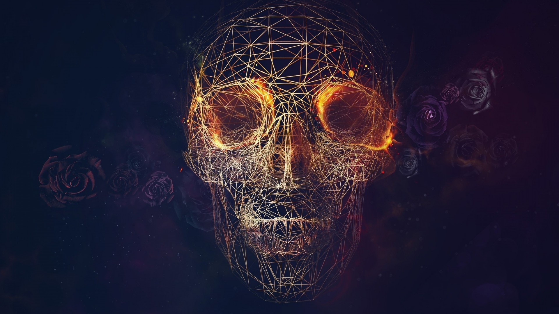 Teschio, Wireframe, Linee luminose, Sfondo scuro, 16:9 Full HD, wallpaper widescreen