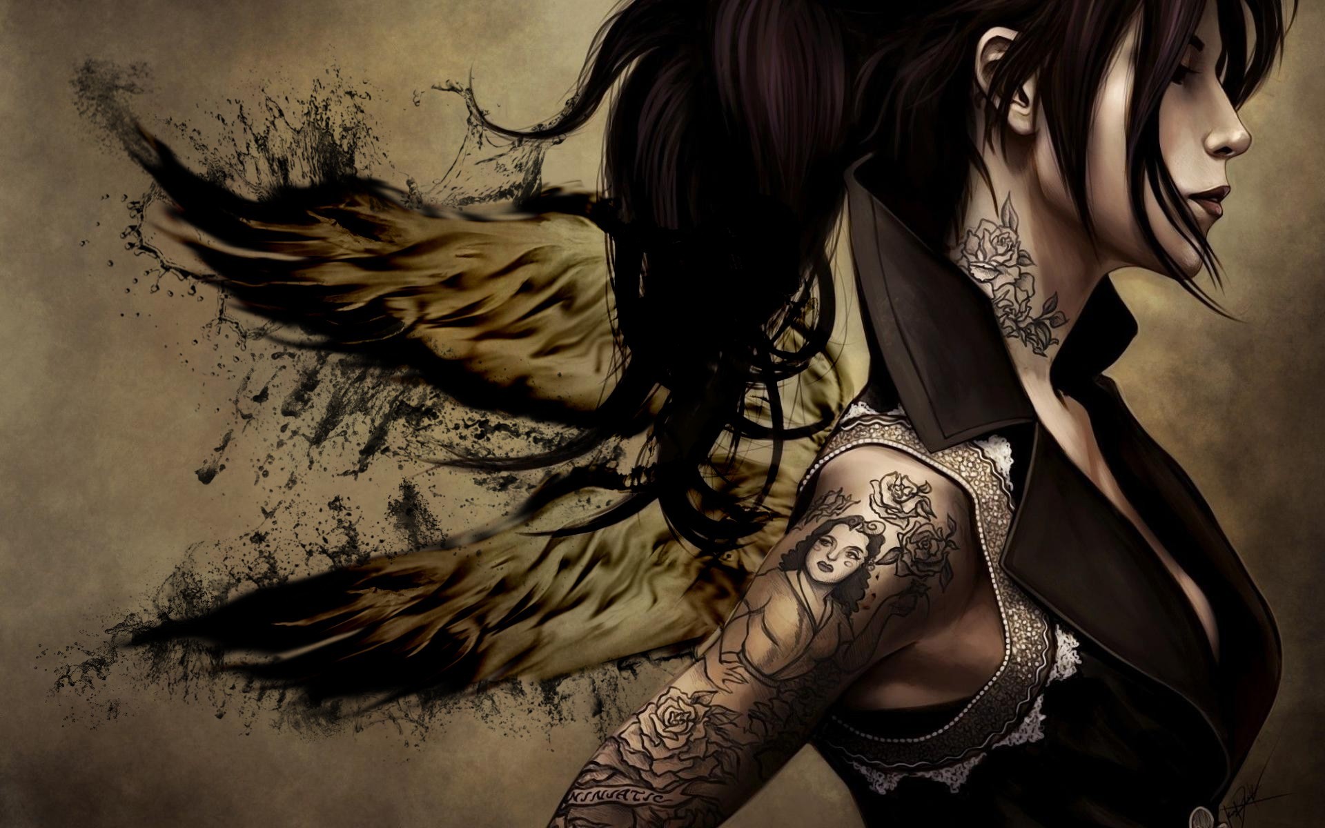 Donna tatuata, Ali, Arte digitale, Seppia, 1920x1200, sfondo per PC
