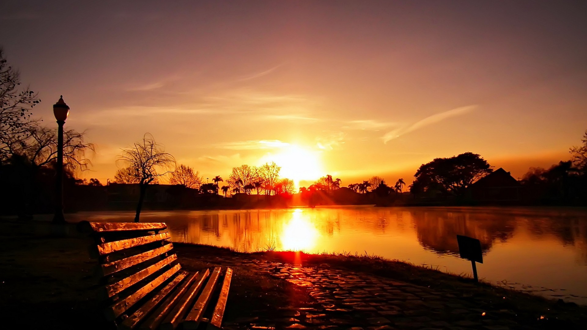 Panchina, Lago, Parco, Tramonto, Lampione, Full HD 1080p, sfondo desktop