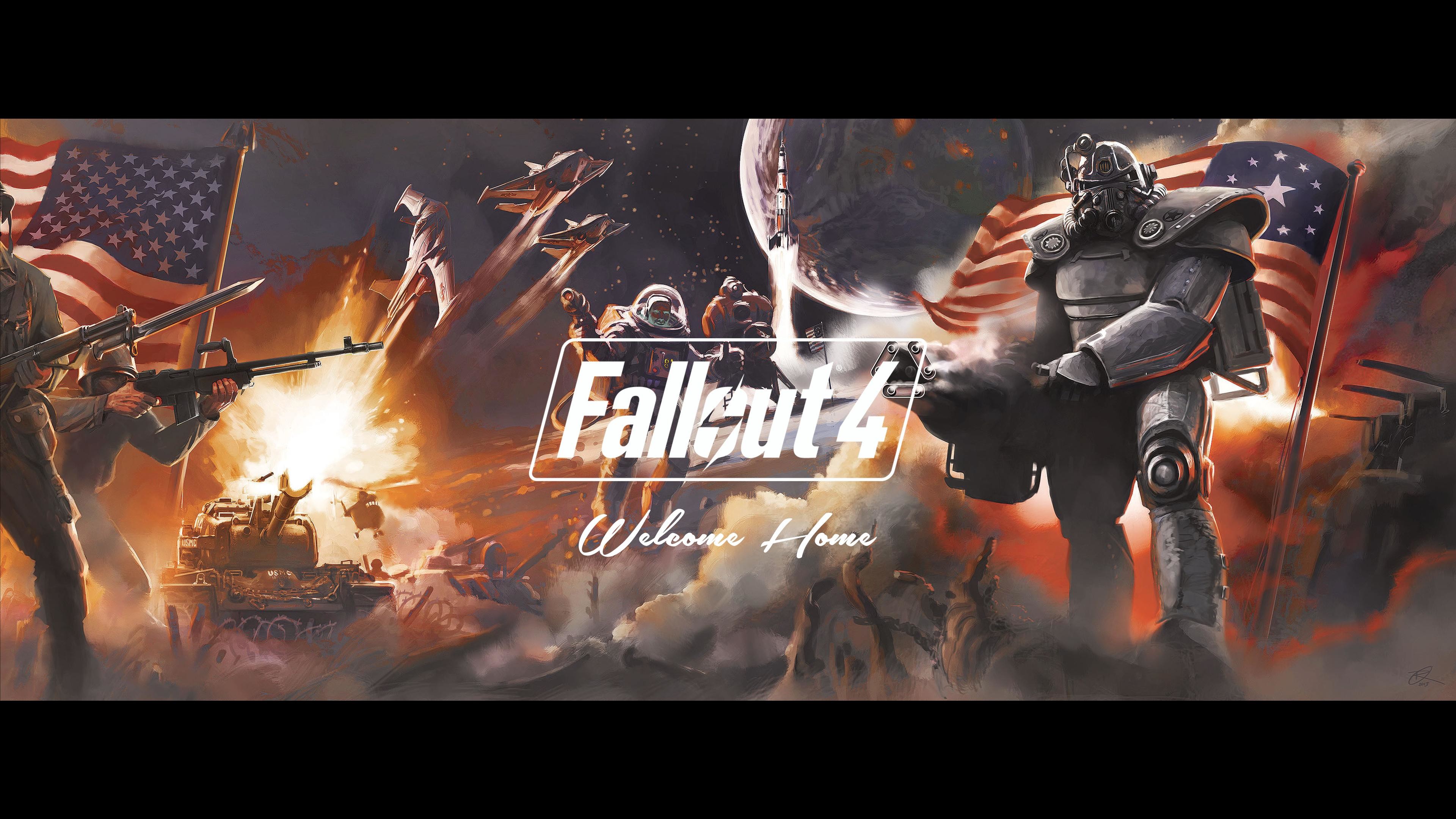 Fallout 4, Welcome Home, Logo, Bandiera americana, Armatura atomica, sfondo 4K per computer